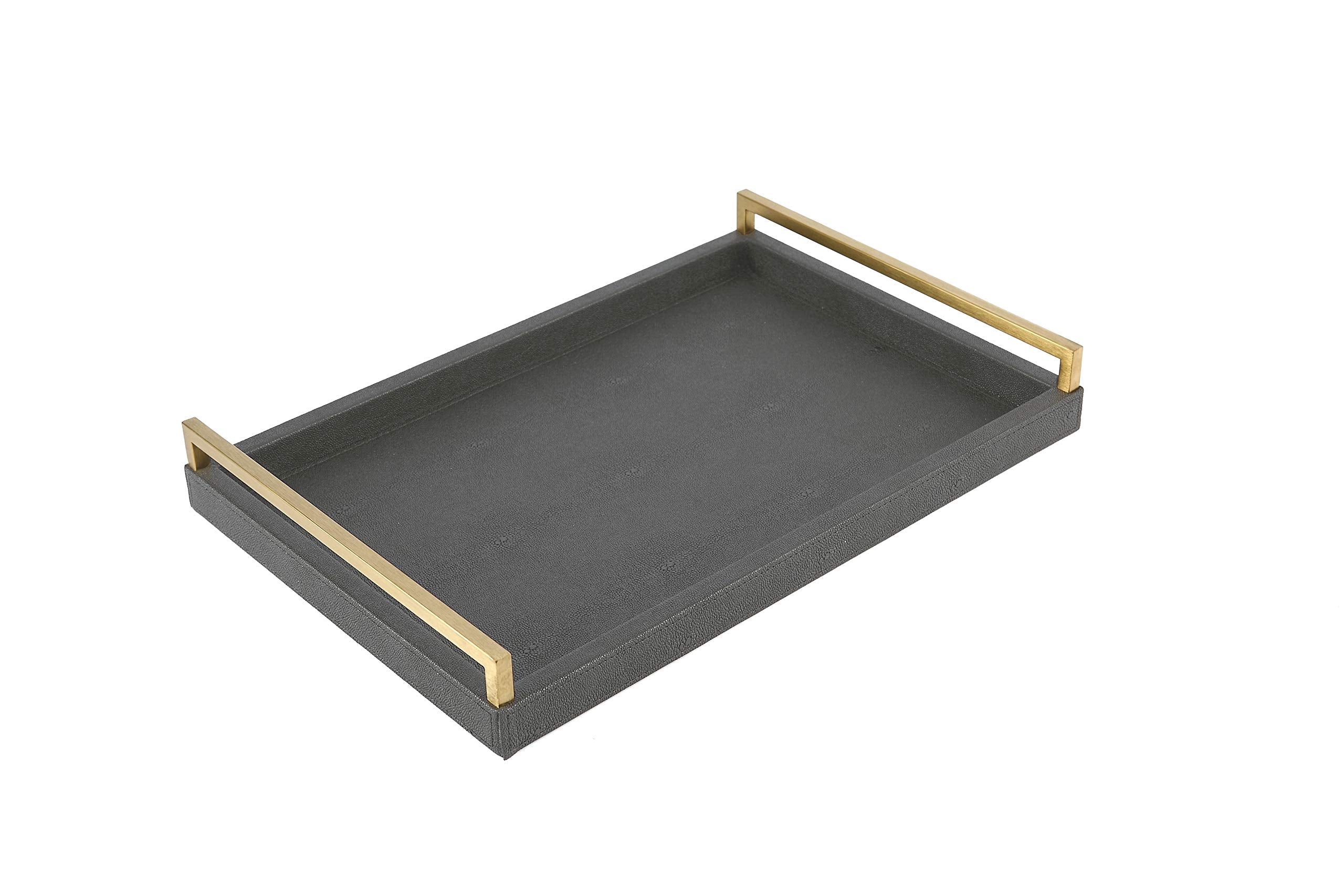 Wv 17.8 * 11.8'' Grey Shagreen Large Serving Tray With Brushed Gold Handle,Faux Leather Home Decorative Tray, Coffee Table Tray
