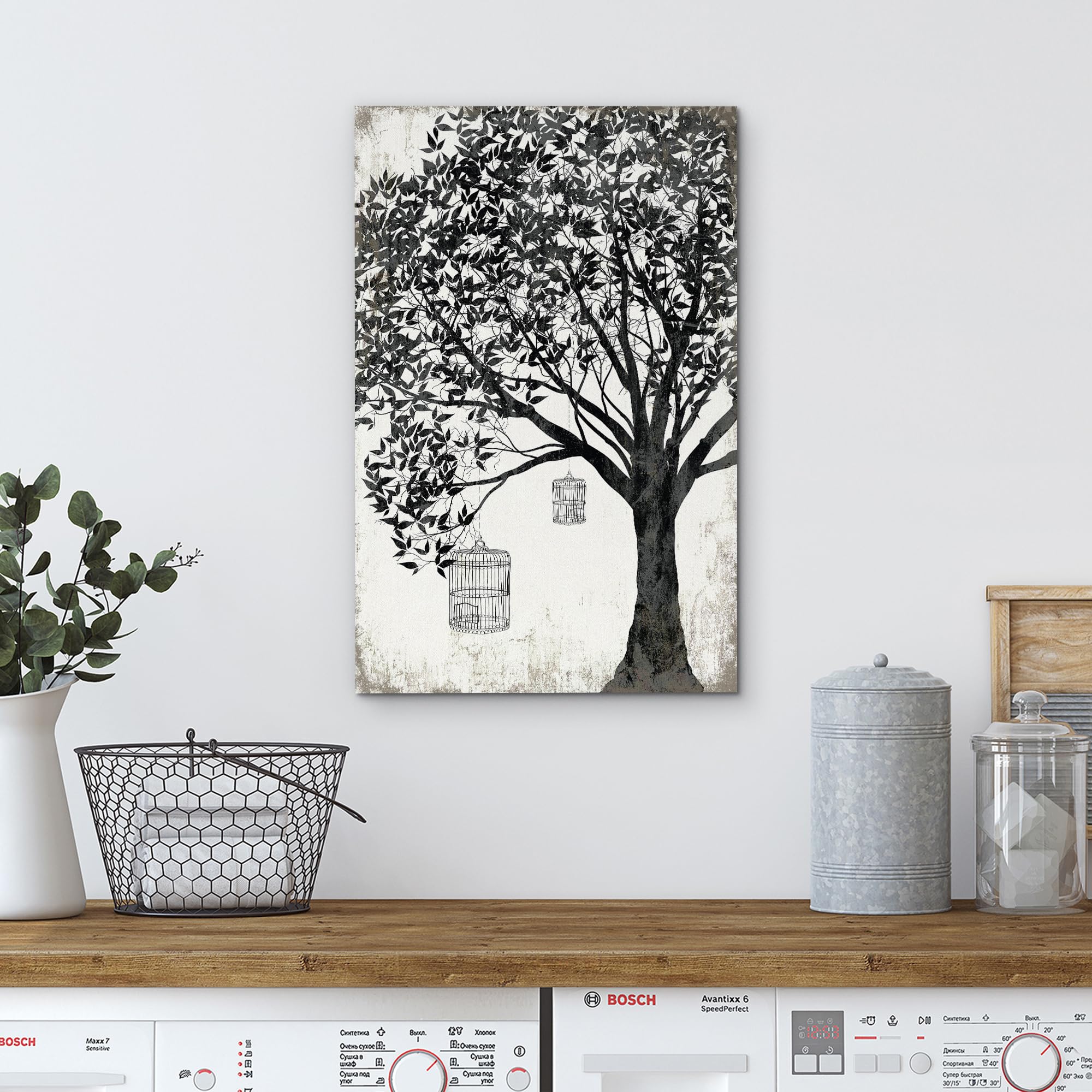 Wall26 Canvas Print Wall Art Black & White Tree With Hanging Birdcages Floral Nature Illustrations Modern Art Rustic Dramatic Fo
