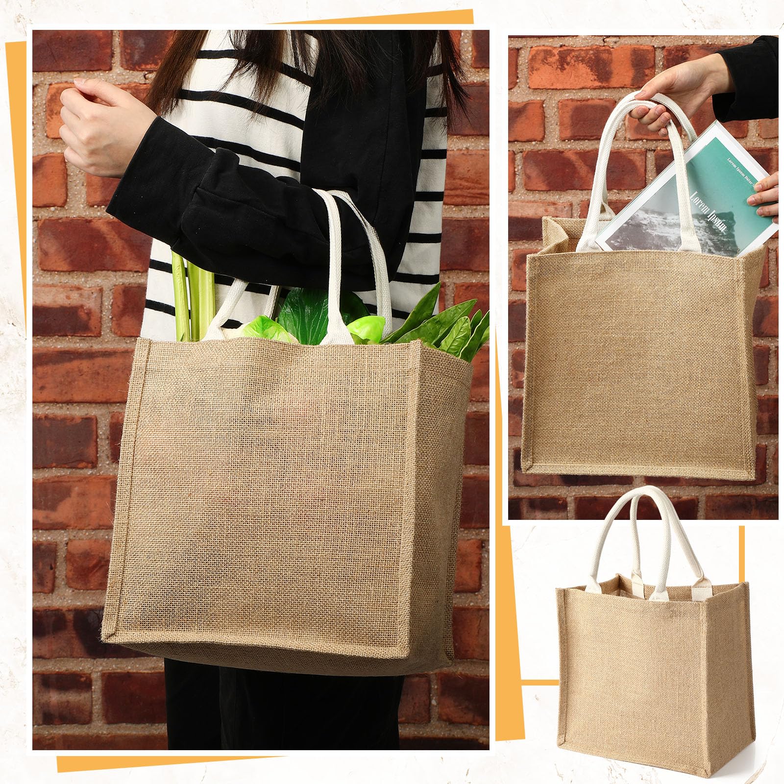 Saintrygo 12 Pcs Burlap Jute Tote Bags with Handle Reusable Blank Bridesmaid Gift Bags for Shopping Wedding DIY, 12x12x7.7In(Jut
