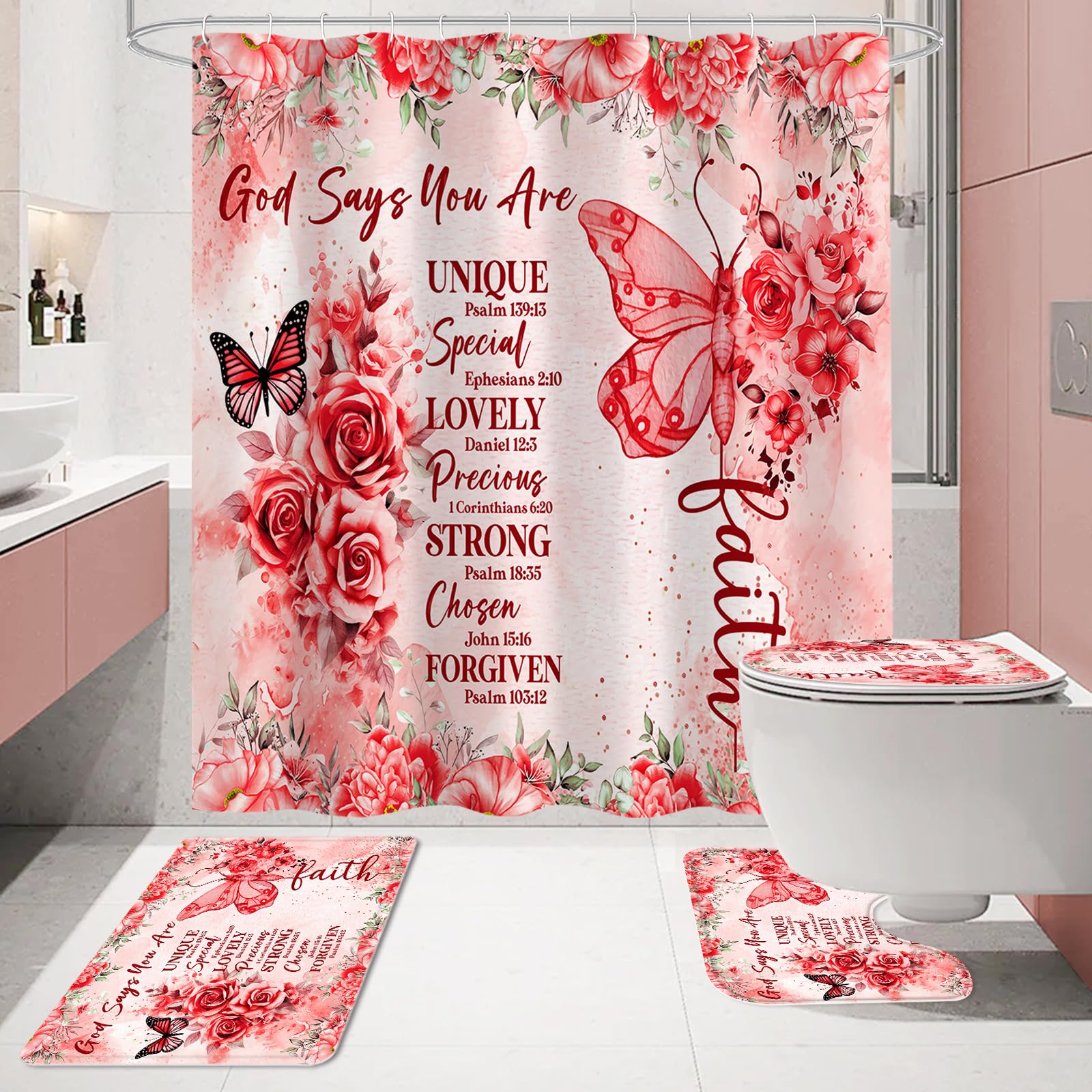 Litabel 4 Pcs Red Butterfly Inspirational Quotes Shower Curtain Set With Rugs And Toilet Lid Cover, Colorful Boho Waterproof Fab