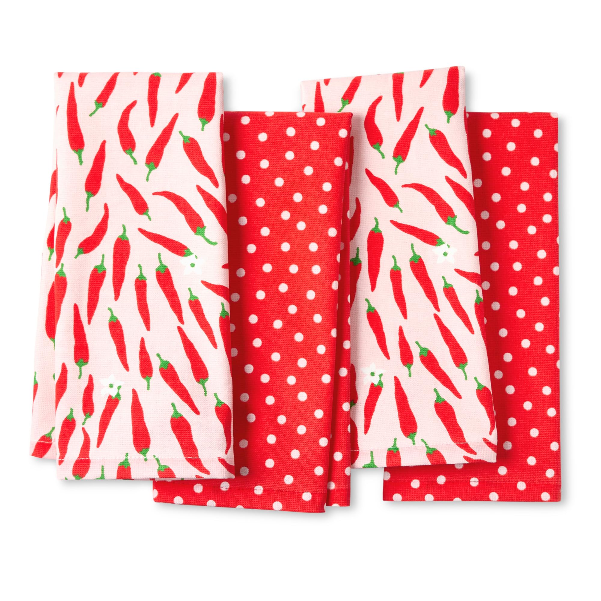 kate spade new york Hot Hot Hot Peppers and Spring Time Dot Kitchen Towels 4-Pack Set, Absorbent 100% Cotton, Red/Pink, 17x28