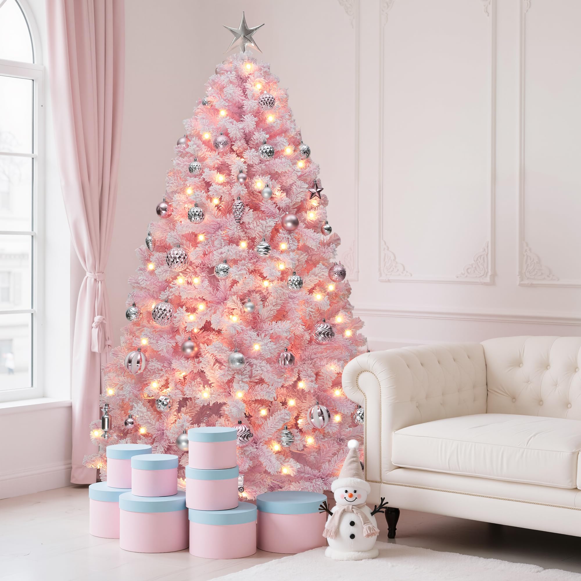 YITAHOME 7.5 FT Prelit Pink Flocked Christmas Tree, Pre-Lit Pink Spruce Artificial Christmas Tree with 1346 PVC Flocked Tips and