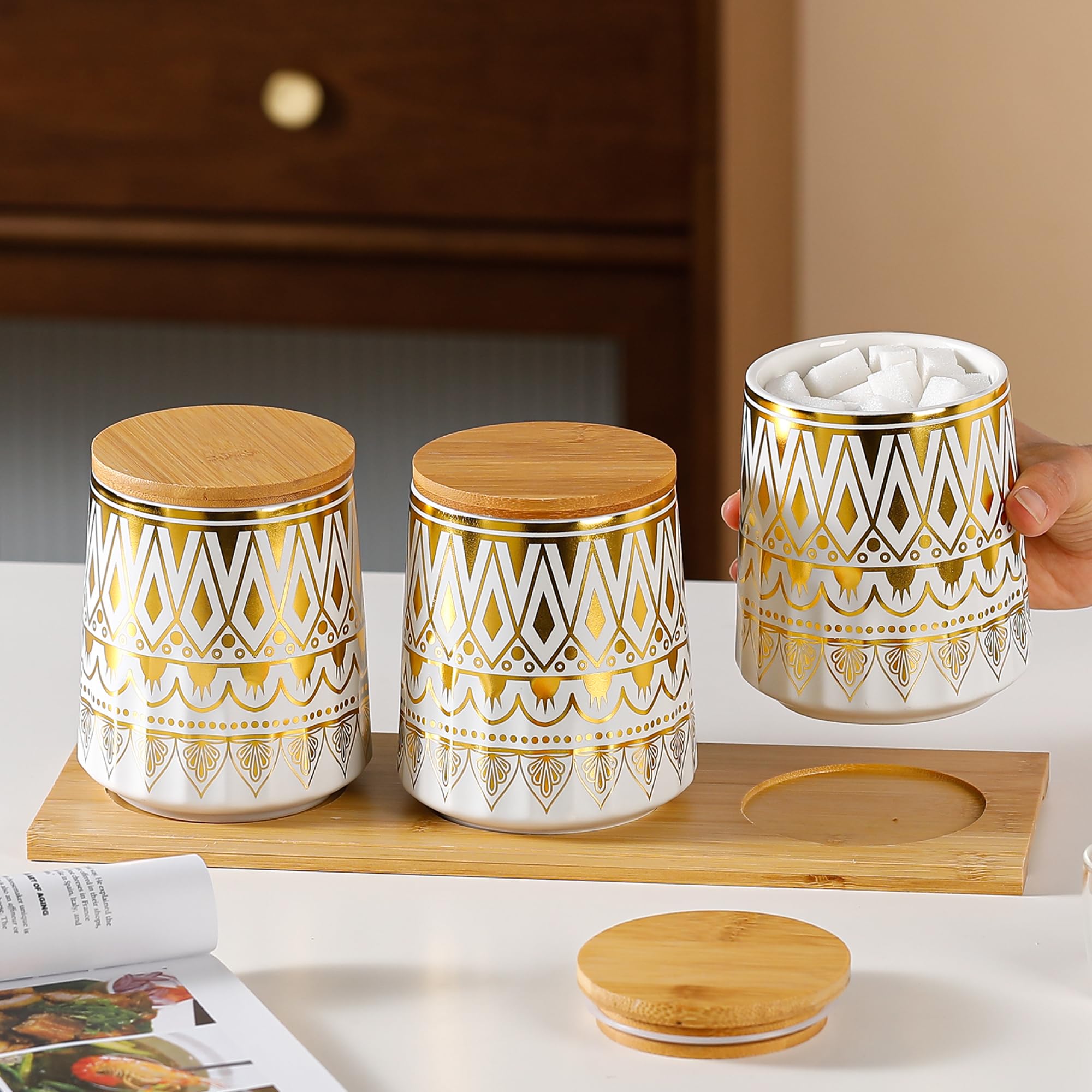 Better Home Ceramic Snack Jar Set 650Ml With Bamboo Lids & Tray | 3-Pack | Glass Jars For Storage | Airtight Containers For Dry 