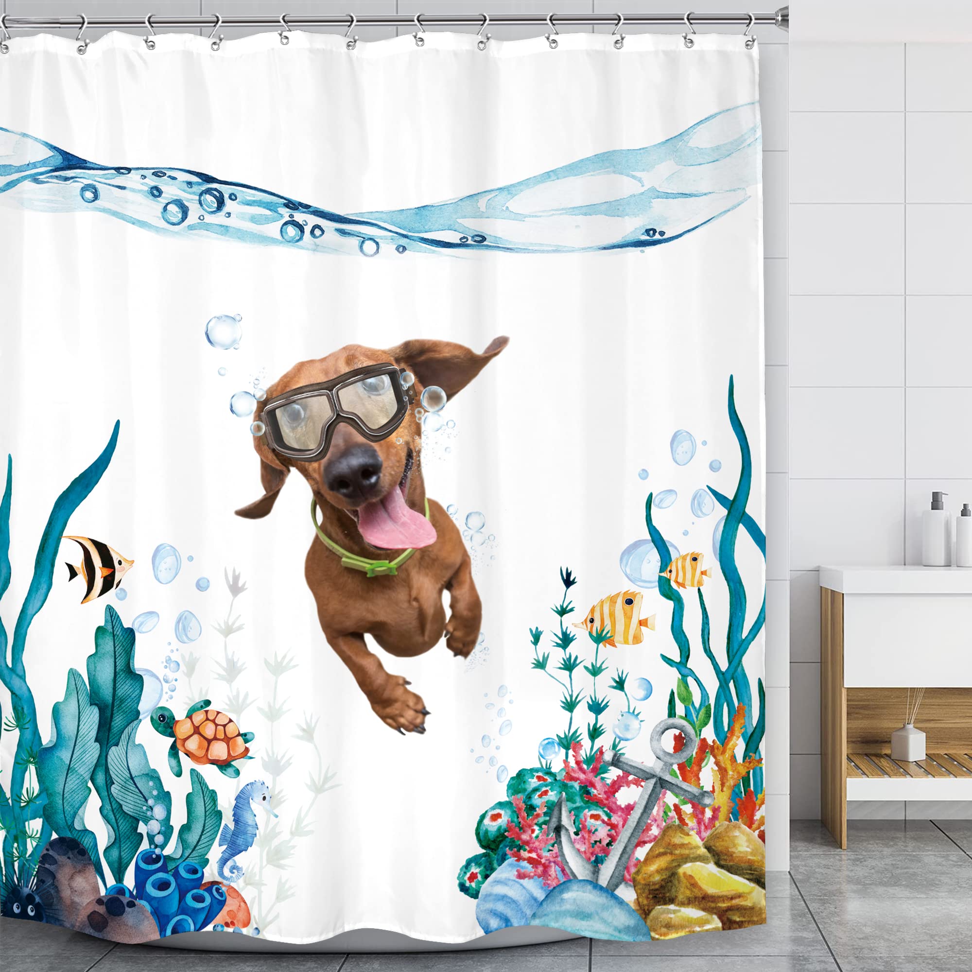 Lghtyro Funny Dog Kids Dachshund Shower Curtain Bathroom Set 60Wx71H Inches Teal Blue Sea Ocean Nautical Cute Fish Turtle Anchor