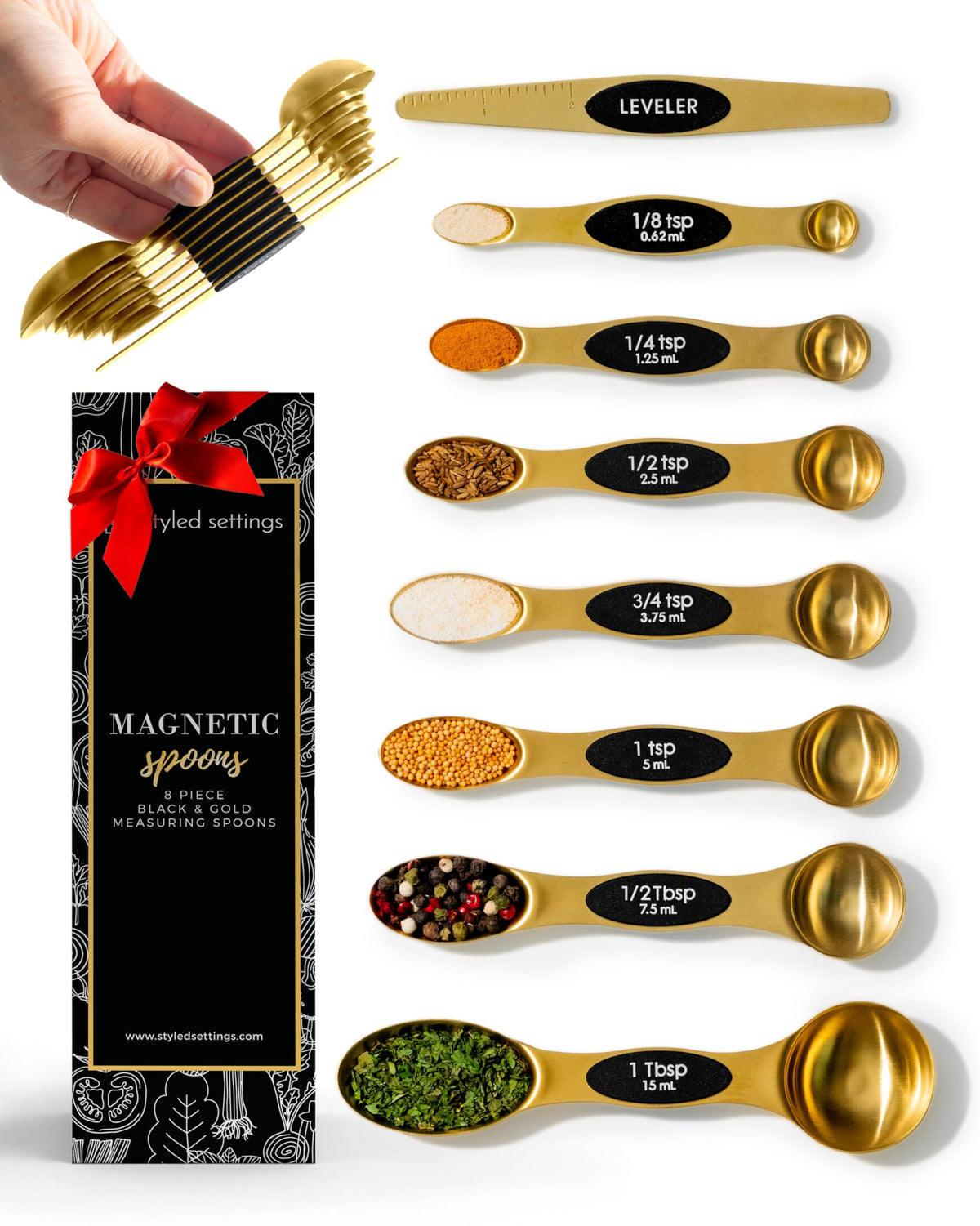 Magnetic Measuring Spoons Set - Stainless Steel Gold Measuring Spoons For Cooking And Baking - Cute And Durable Gold Kitchen Acc