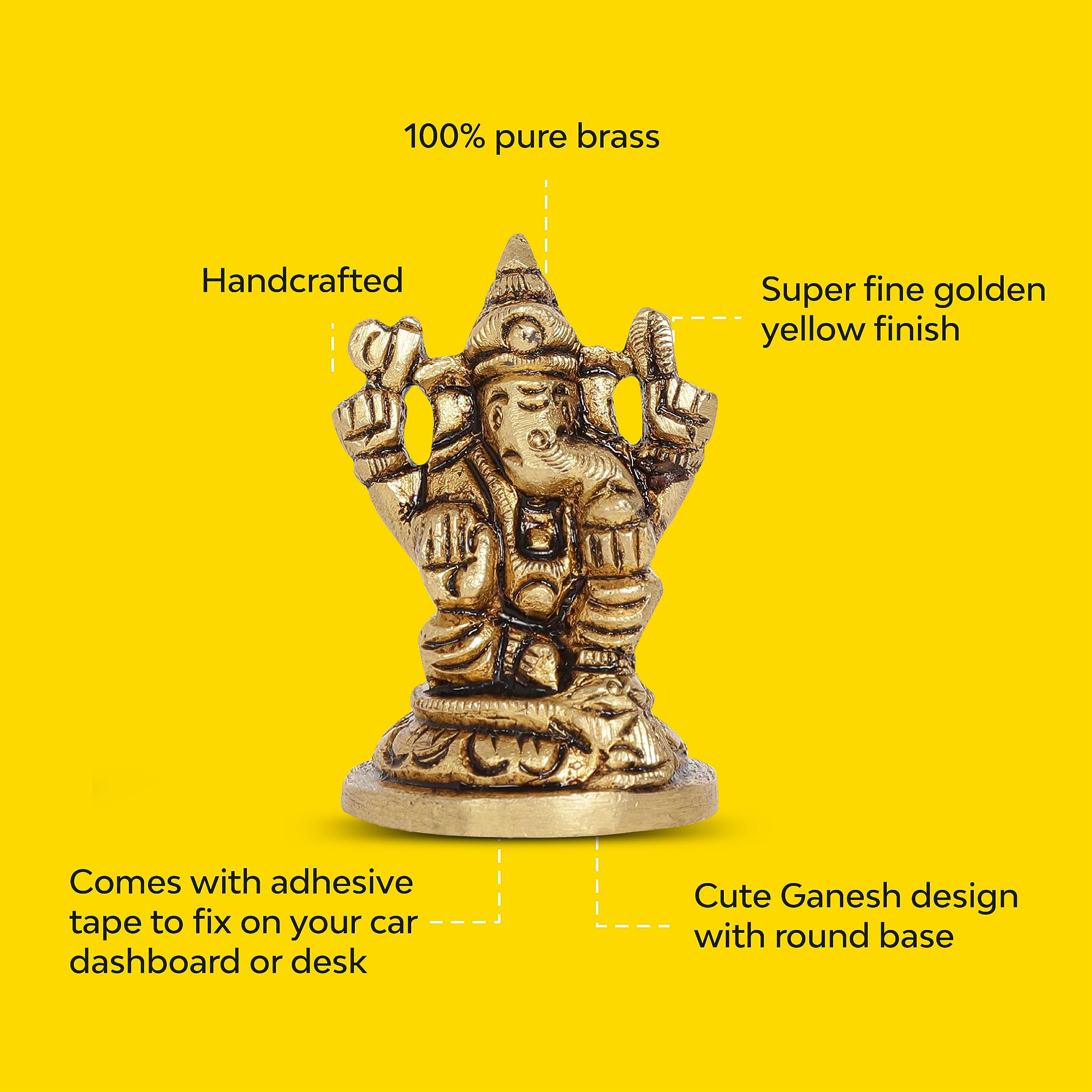 10Club Lord Ganesha Idol - 1Pc - 100% Pure Brass | Ganesh Unique Design with a Round Base for Desk, Car, and Home Dcor | Yellow