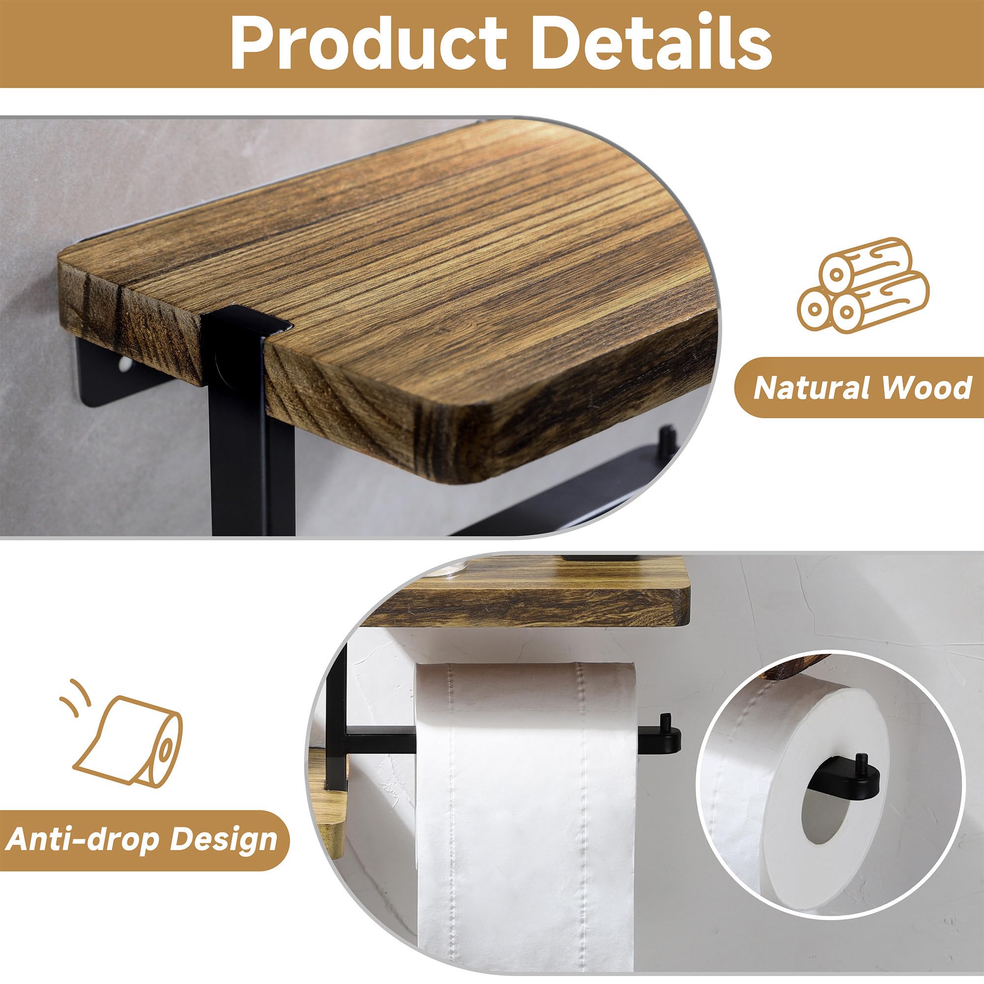Double Toilet Paper Holder With Shelf, 2 Tier Wood Wall Mounted Adhesive Paper Roll Holder Suitable For Bathroom Accessories Dec