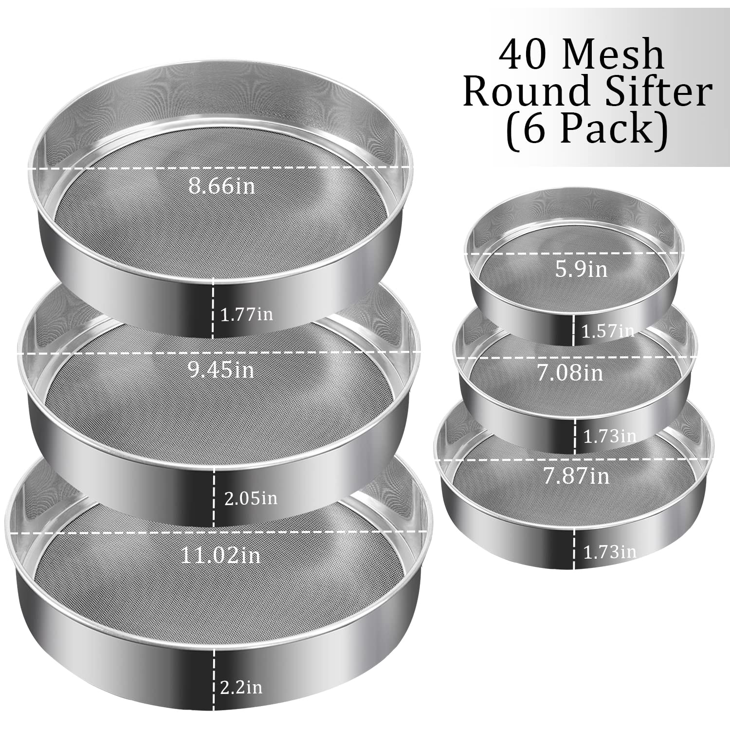 Mdakego 6 Pcs Stainless Steel Flour Sifte,Round Flour Sifter 40 Mesh,Premium Rustproof Flour Sieve Fine Mesh For Baking Cake Bre