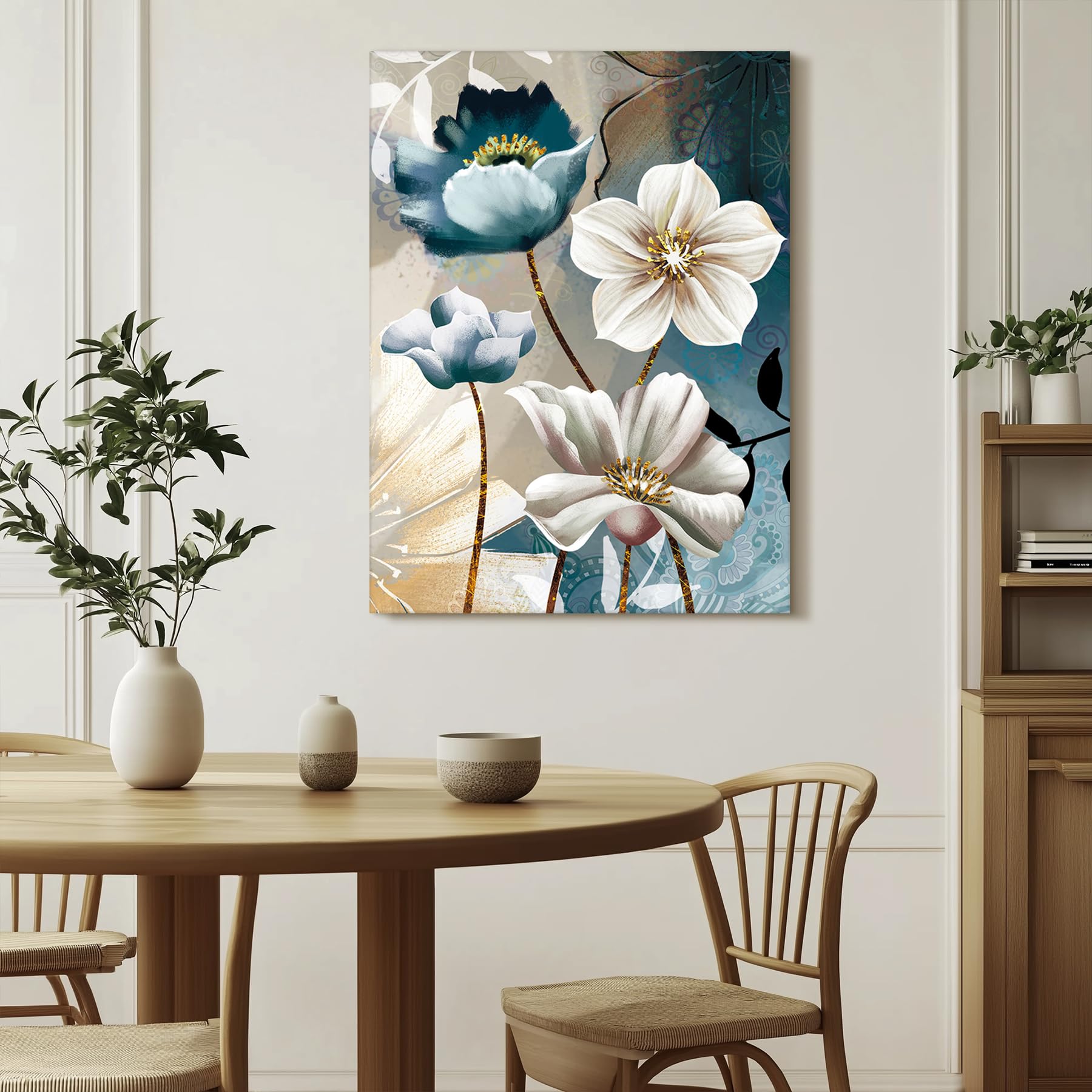 SERIMINO Lotus Flower Canvas Wall Decor Living Room White and Indigo Blue Floral Picture Wall Art for Dining Room Bedroom Bathroom Kitchen Prints Paintings for Home Decorations