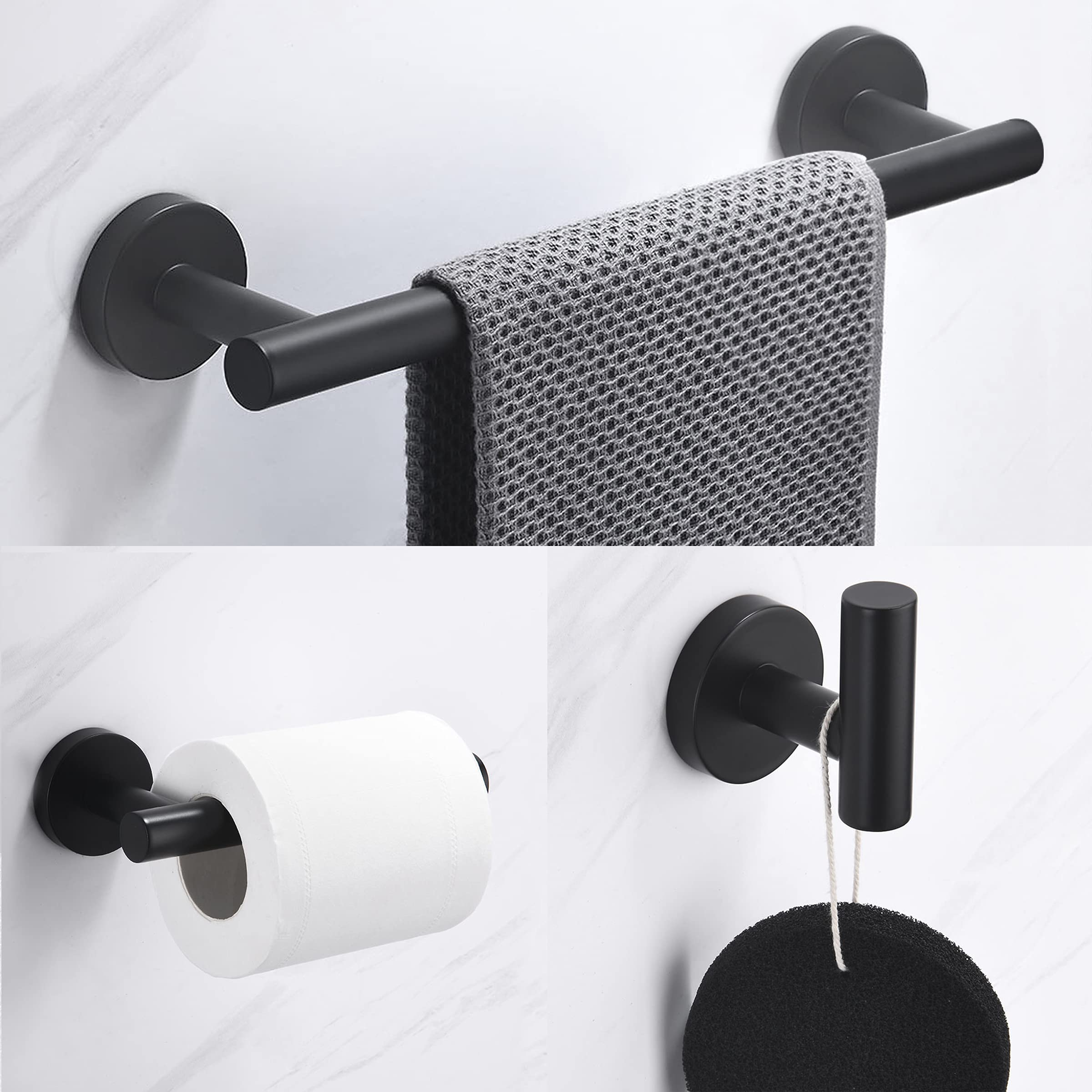 Nolimas 3-Pieces Set Matte Black Bathroom Hardware Set SUS304 Stainless Steel Round Wall Mounted - Includes 12'' Hand Towel Bar Toilet Paper Holder  Robe Towel Hooks Bathroom Accessories Kit
