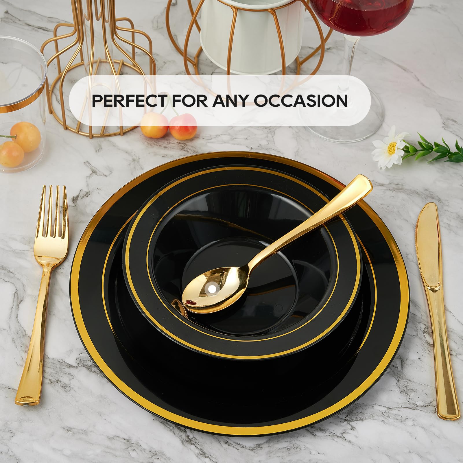 Jolly Party 50Pcs Black Plastic Bowls With Gold Rim-12Oz Disposable Soup Bowls, Christmas Thanksgiving Premium Dessert Salad Bow