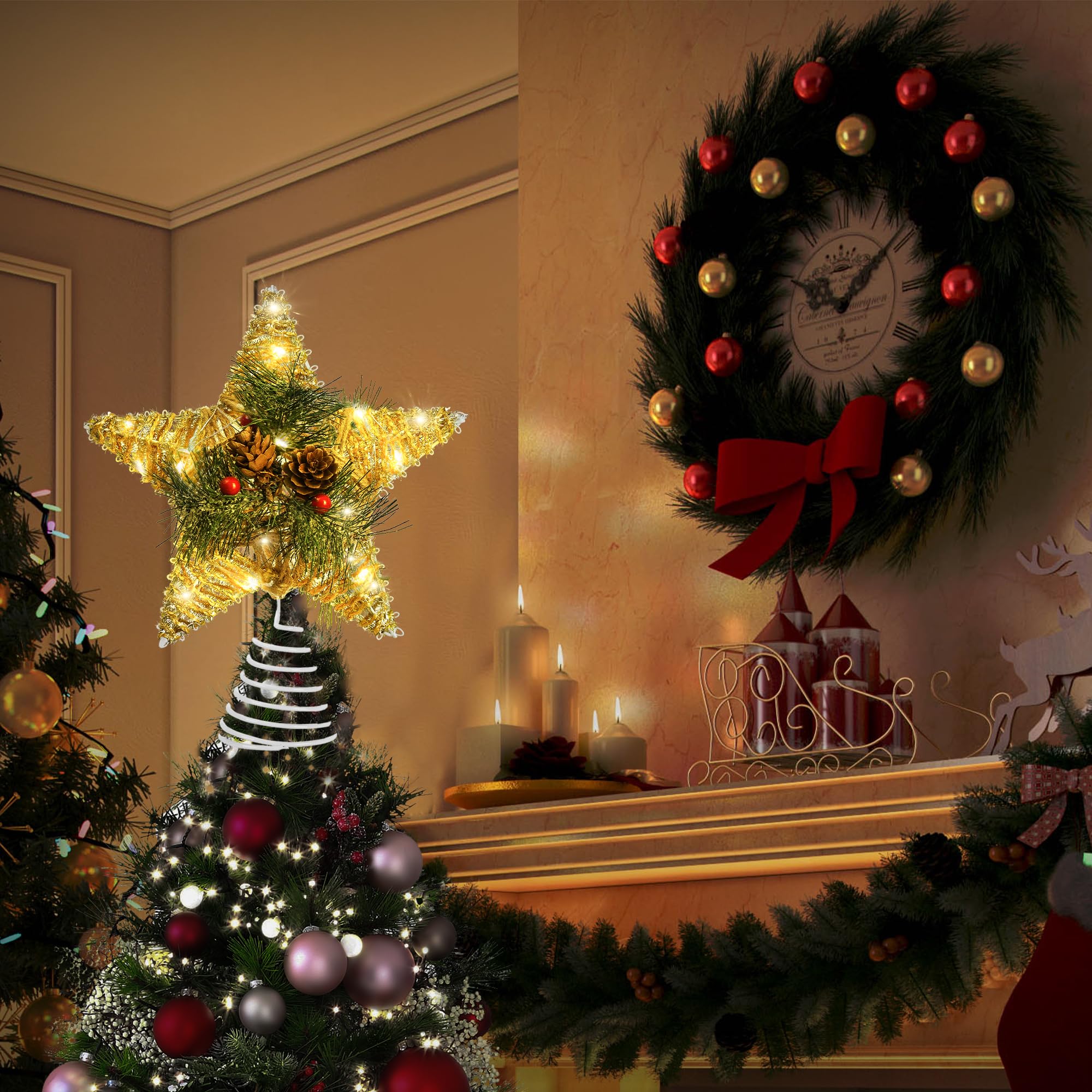 Christmas Tree Topper, 10 Gold Glittered Star with Hollow Design, Battery Operation Tree Topper Star with 20 LEDs for Christmas