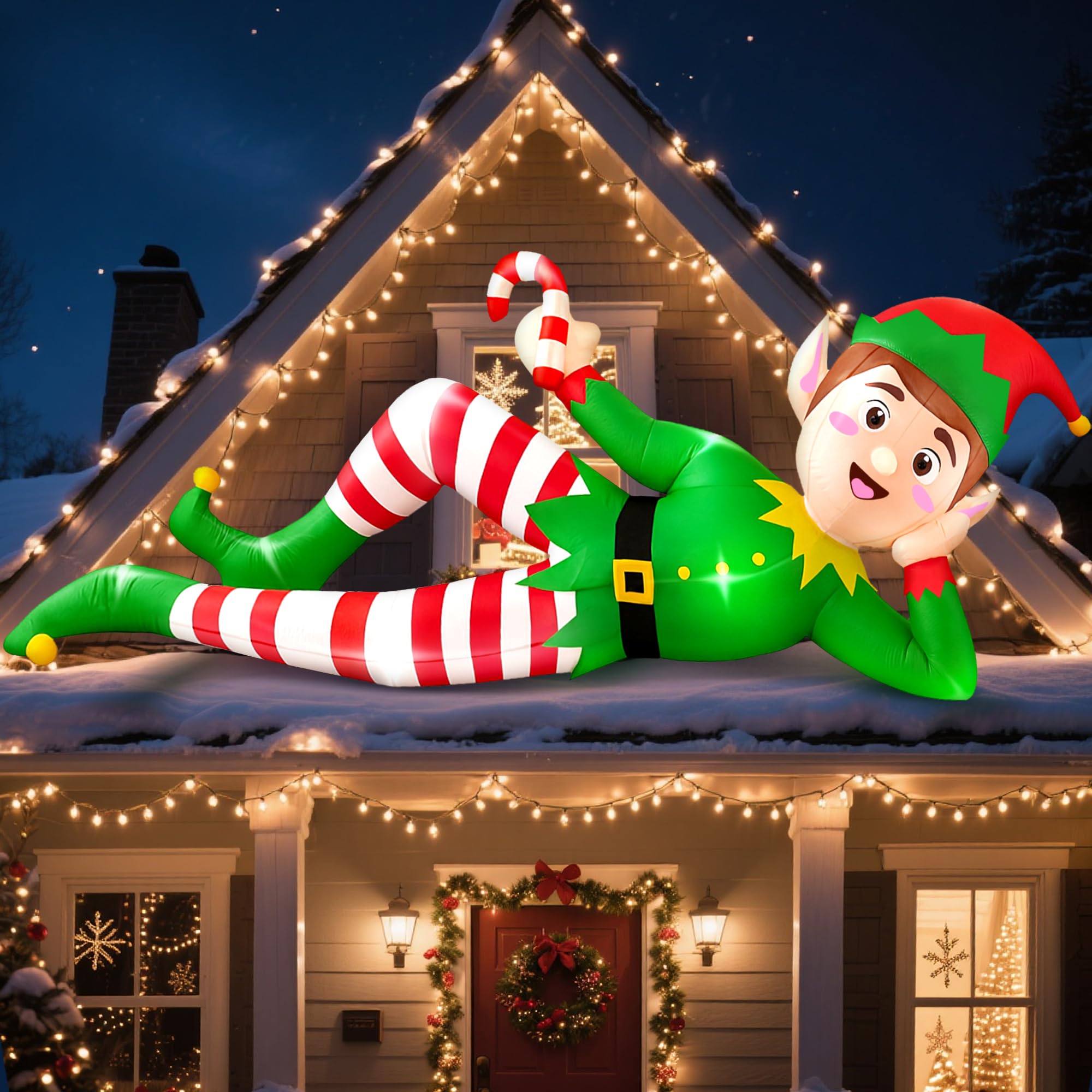 CORALMEE 8FT Christmas Inflatable Outdoor Decoration, Lying Elf Christmas Blow up Yard Decorations with Built-in LED Lights, Gia