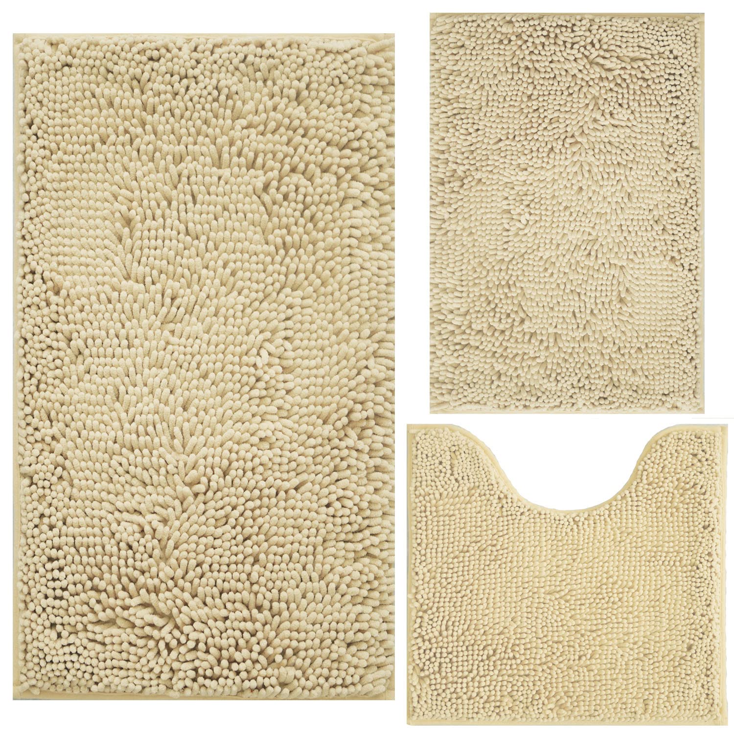 Bath Rugs Chenille 3-Piece Extra Soft And Absorbent Shag Beige Bathroom Rugs, Machine Wash Mat, Strong Pvc Non-Slip Underside, P