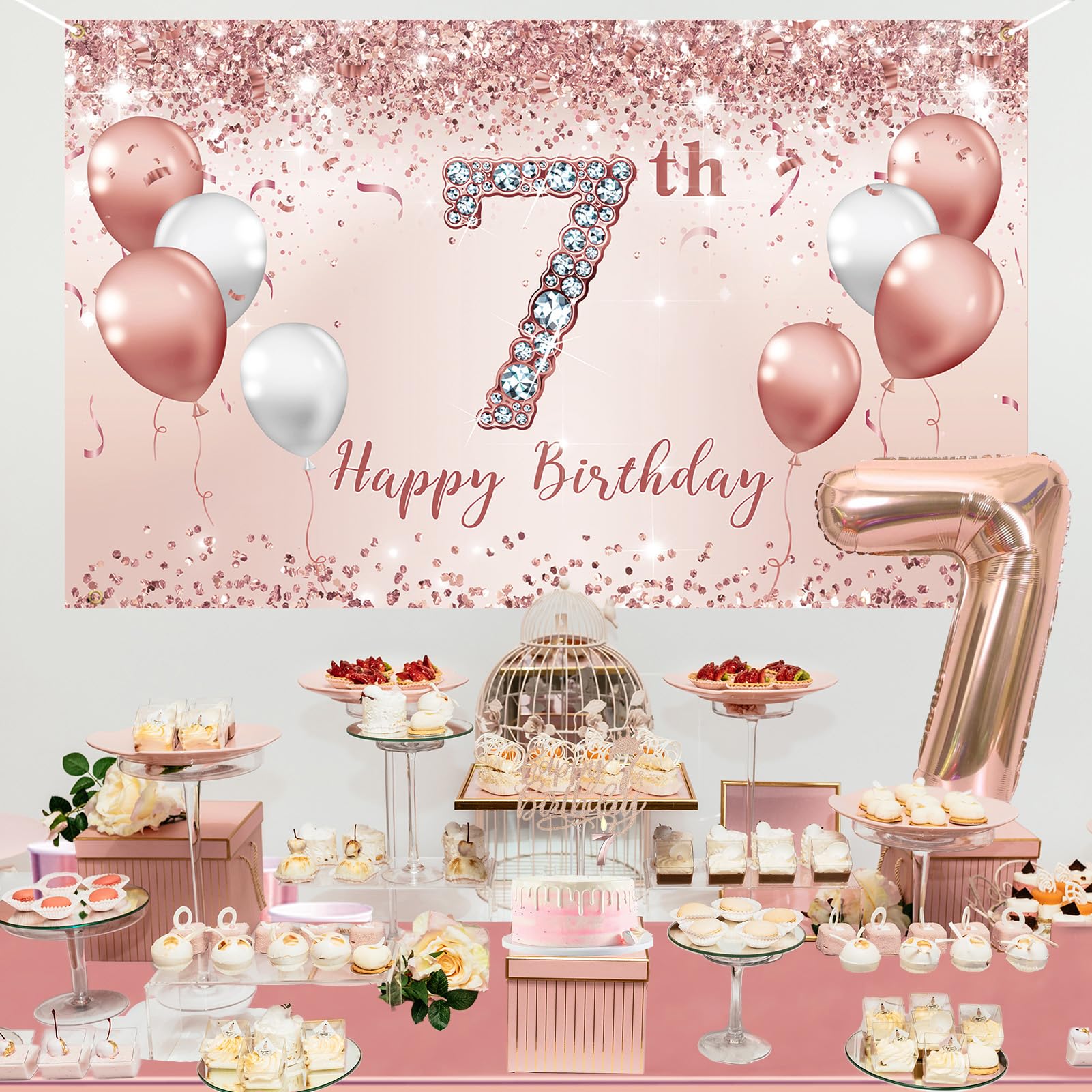Trgowaul 7Th Birthday Decorations Party Set For Girls, Rose Gold 7 Birthday Banner And Tablecloth, 7 & Fabulous Sash And Tiara,