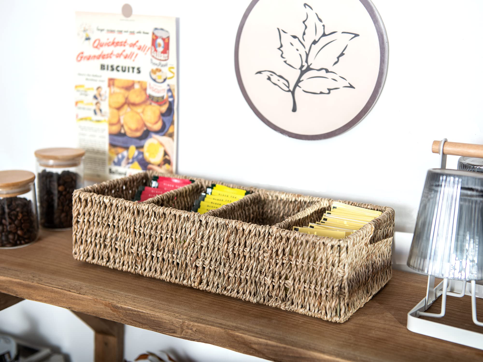 Storageworks Small Baskets For Organizing, Wicker Baskets For Organizing With 4 Sections, Seagrass Baskets, Handwoven Desk Baske