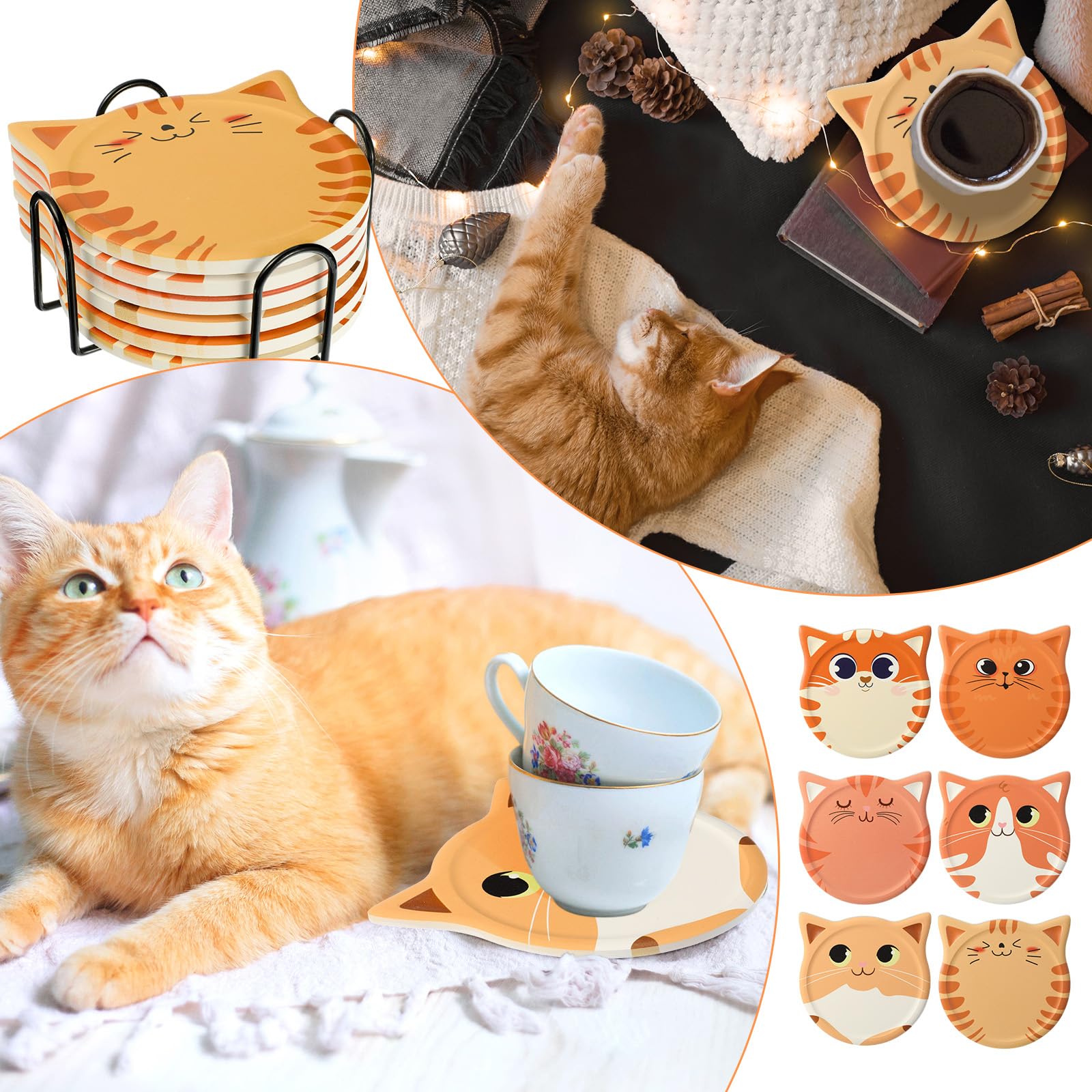 Funny Cat Coasters for Drink Cute Coasters Cat Gift for Cat Lovers Ceramic Coasters with Cork Bottom and Metal Holder for Bar Office Dining Coffee Table Desk Decor 4.25 Inch (Pute Cat Style  6 Pcs)