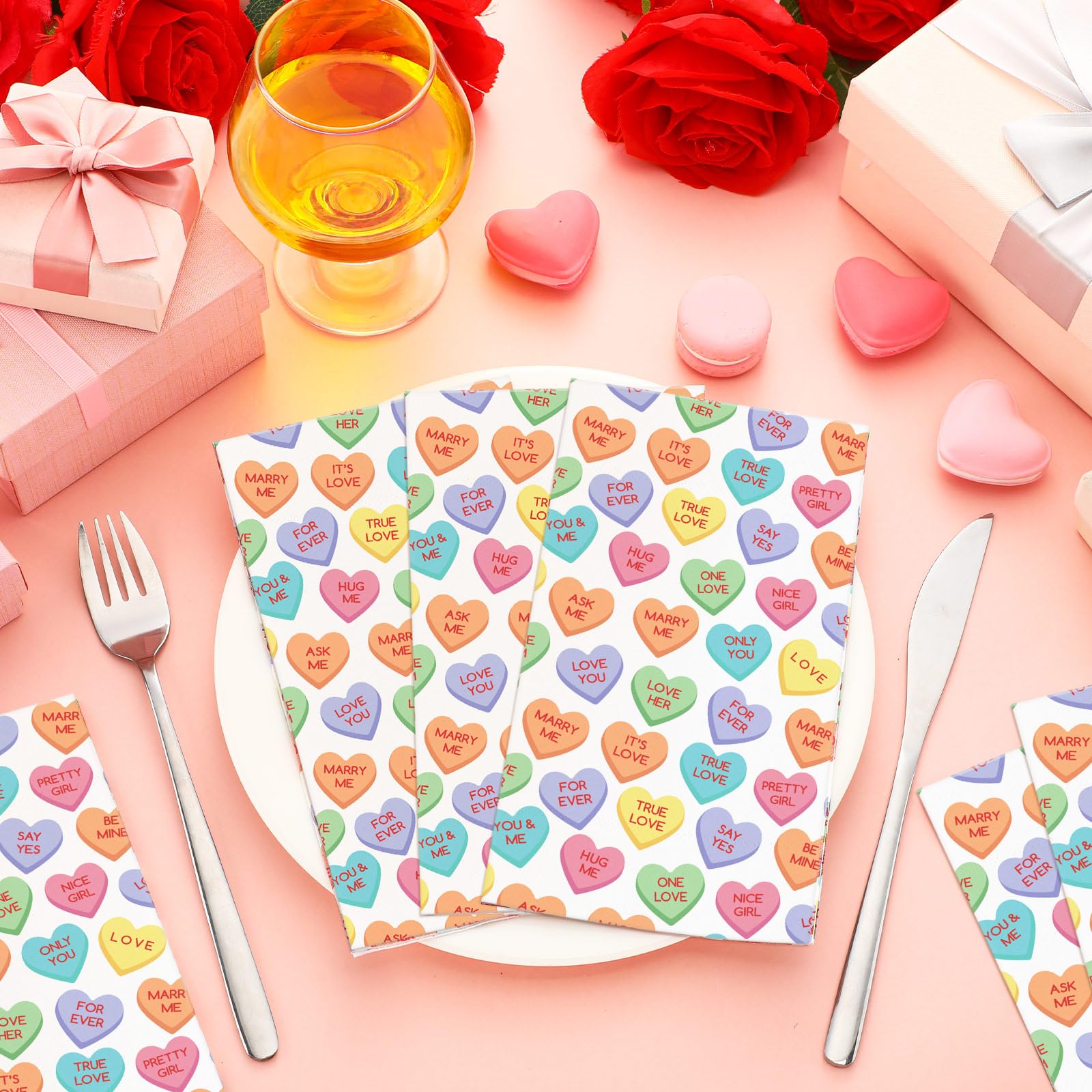 Tinlade 100 Pcs Valentine'S Day Conversation Heart Napkins Candy Love Colorful Disposable Paper Napkins Bulk Valentine'S Guest G