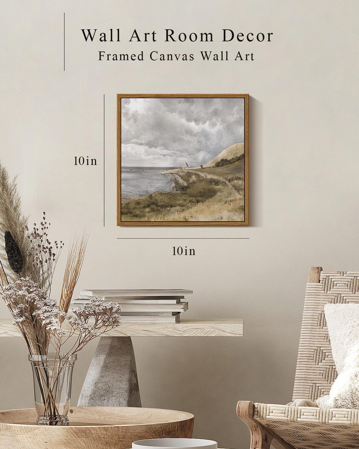 Insimsea Square Framed Canvas Wall Art, Scenery Home Decor Rustic Classical Coastal Landscape Sky Clouds Paintings, Desk Decor A