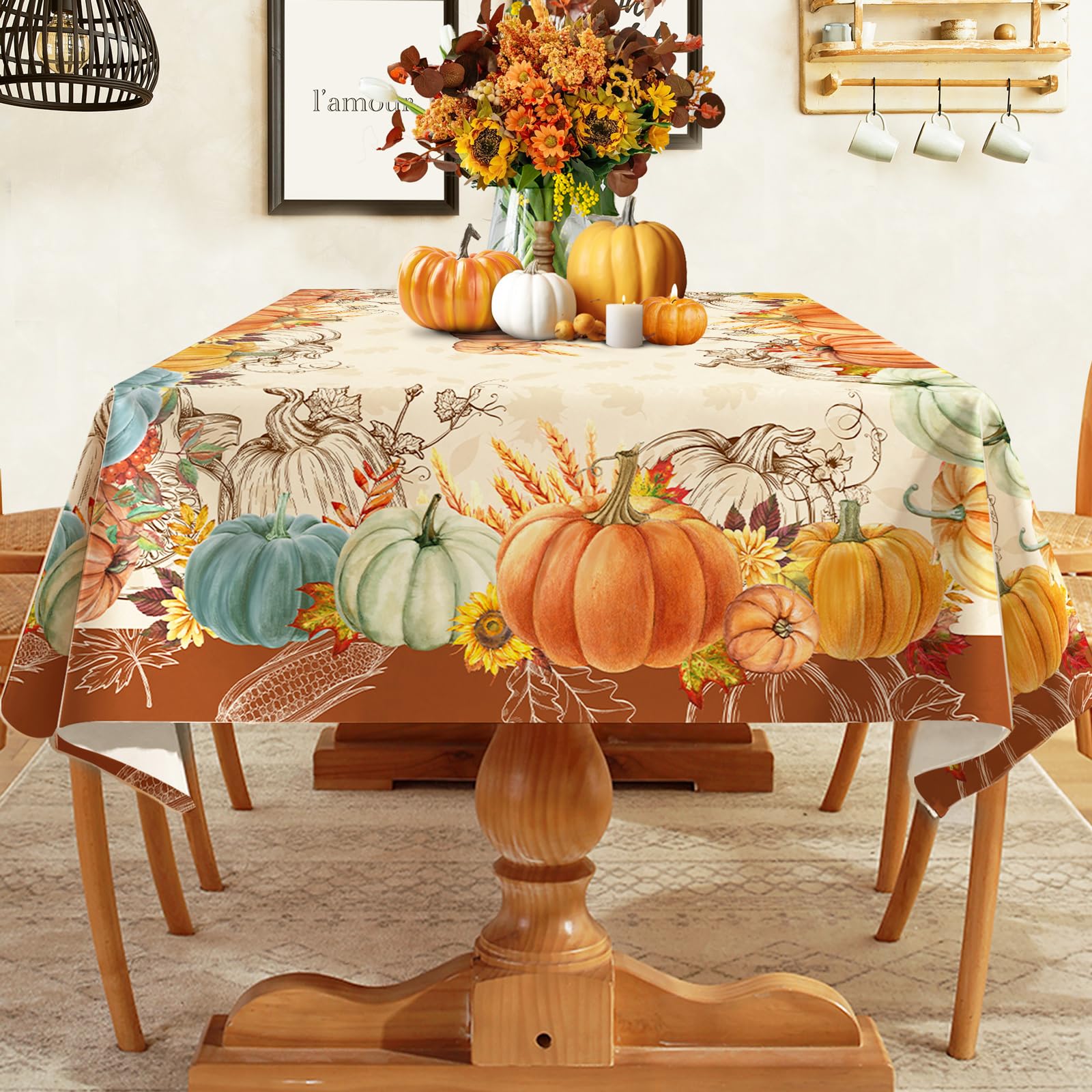 Cusugbaso Thanksgiving Tablecloth 60X84 Inch Rectangle - Thanksgiving Decorations For Table - Water-Resistant Give Thanks Fall T