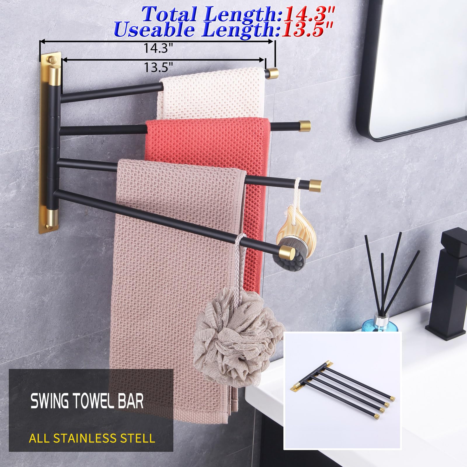 Gerzwy Wall Mount Bath Towel Rack With 4 Arms Hanger Towel Holder Bathroom Swing Arm Towel Bars Organizer Stainless Steel (Black