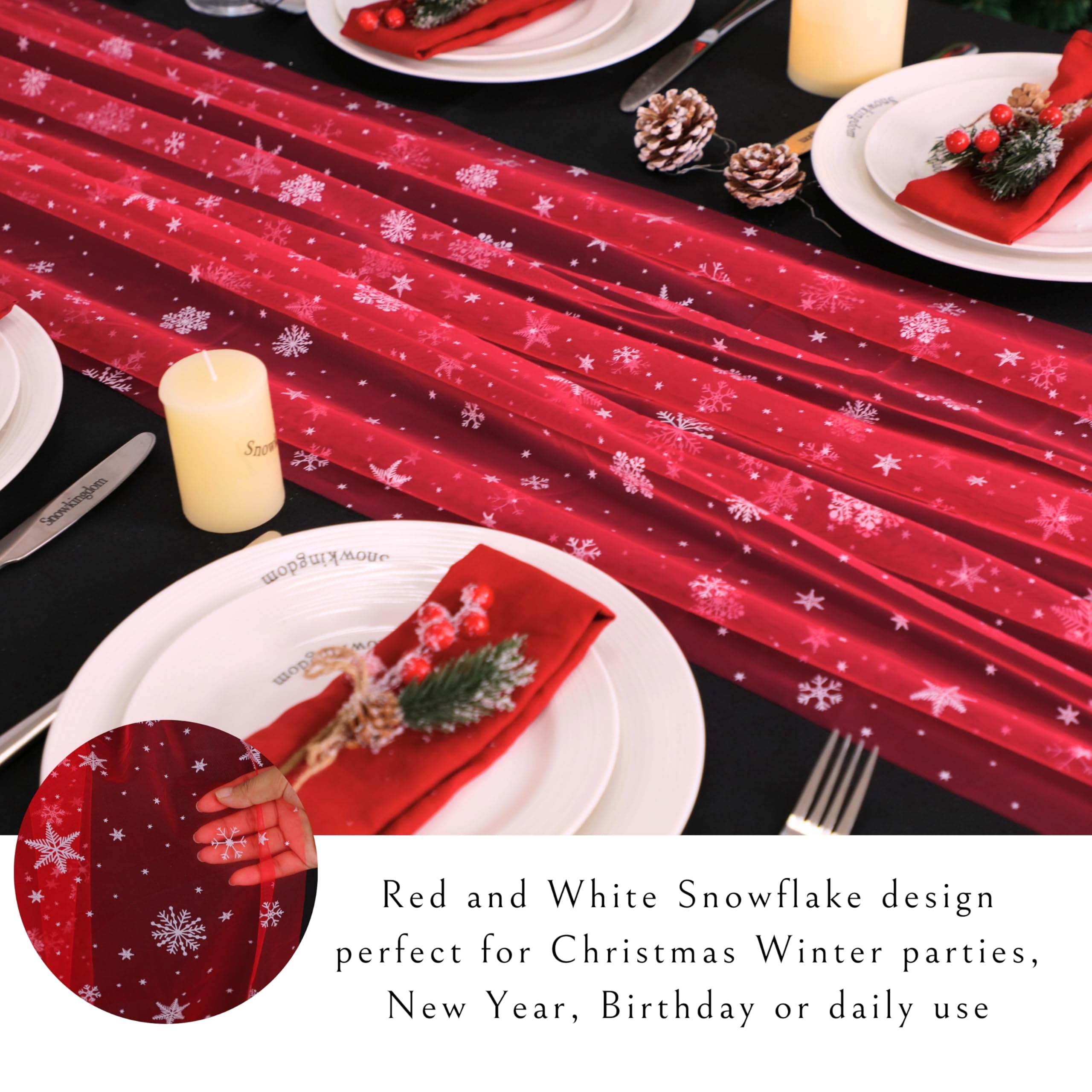 Snowkingdom Red Christmas Table Runner, Red and White Snowflakes Cheesecloth Table Runner, Chiffon Gauze Seasonal Winter Kitchen