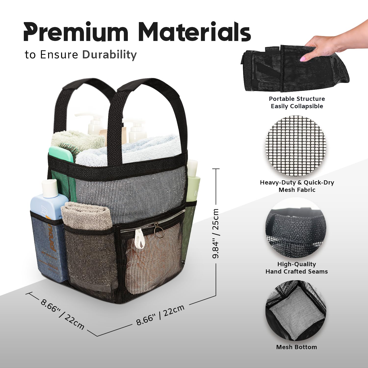 Mesh Shower Caddy Dorm 8 Pockets & 1 Zipper & Removable Bottom Shower Tote  Travel Shower Caddy Portable  Shower Caddy College Room Essentials  Sunscreen Shower Bag  Camping  Bathroom (Large - Black)