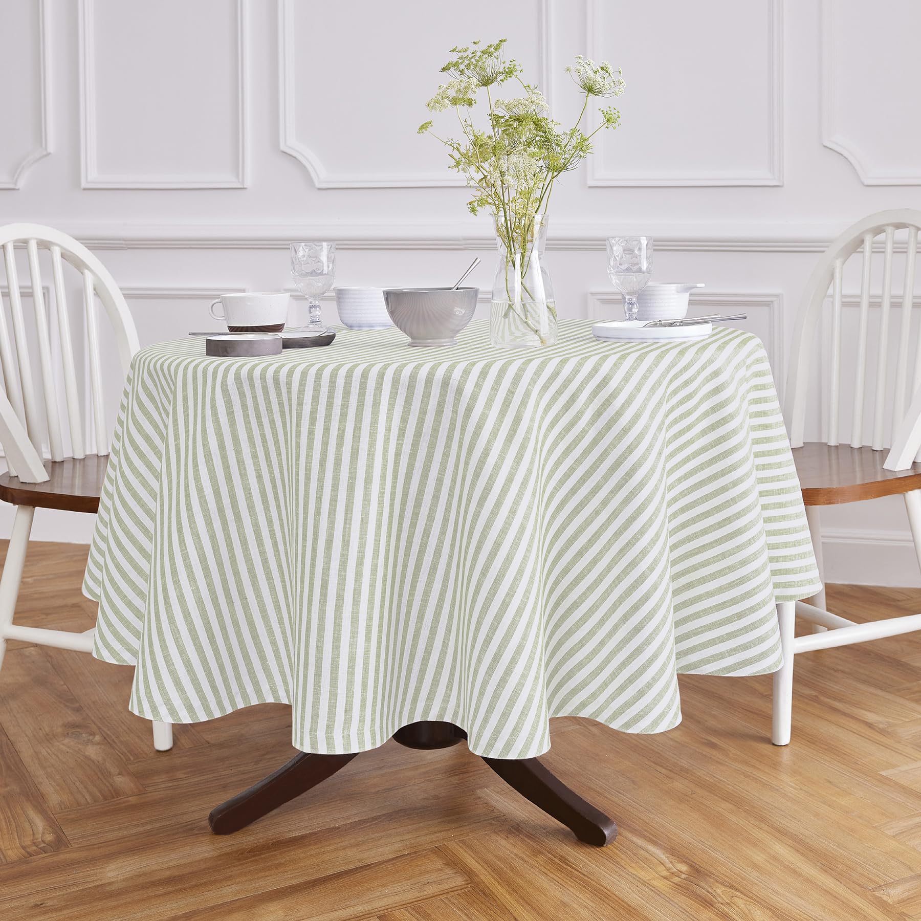 Solino Home Stripe Linen Round Tablecloth - 100% Pure Linen Sage and White Tablecloth 70 Inch Diameter for Spring, St Patricks 