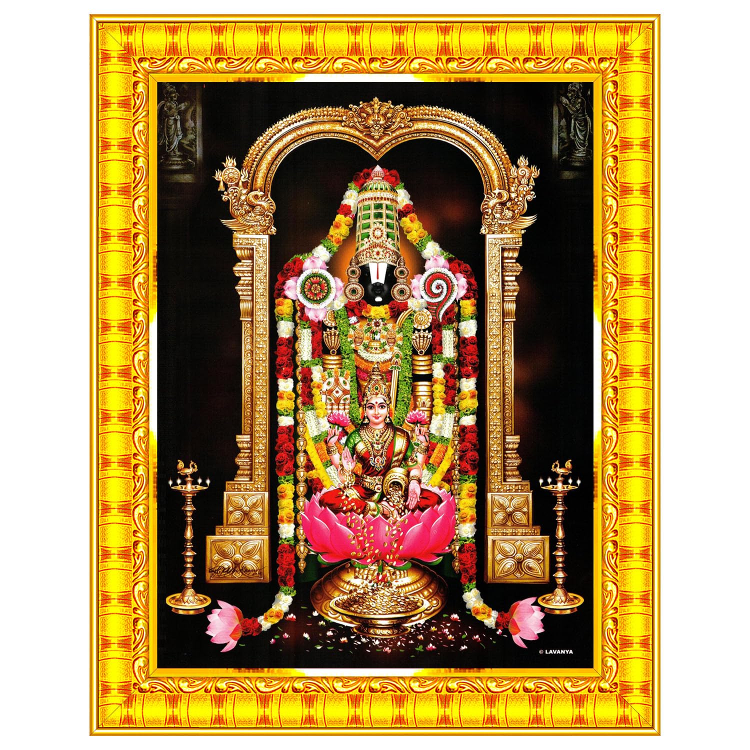 Pavan Photo Laminations Tirupati Balaji Lakshmi Venkateshwara Swamy Wall Painting Framed Home Decor (Wood,Matte,Gold,Big Size,10
