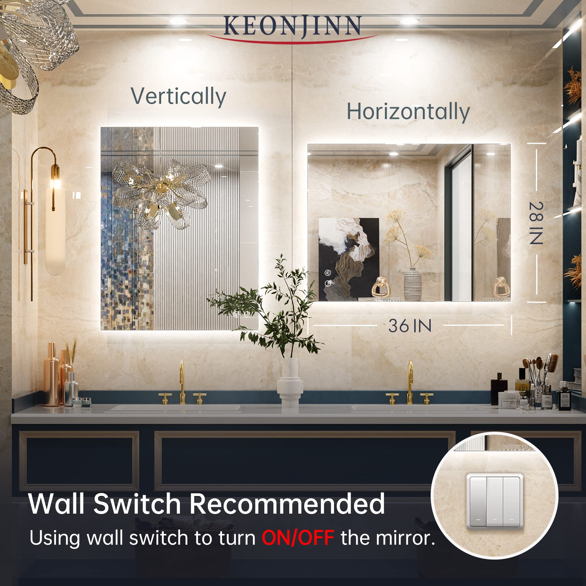 Keonjinn Backlit LED Bathroom Mirror, 36x28 Inch, Anti-Fog, Dimmable, IP54 Waterproof, Model K1MIGB004, Glass Finish