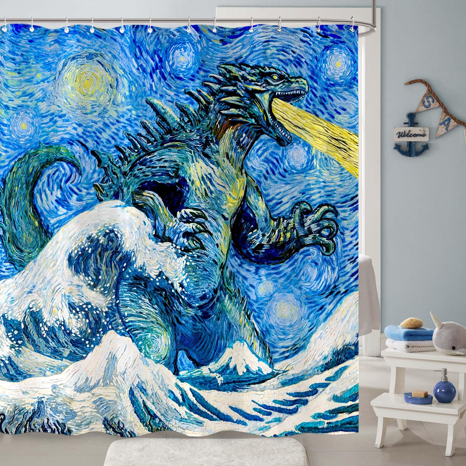 Wegklazax Dinosaur Shower Curtain Monster Funny Shower Curtain Van Gogh Wave Shower Curtain Bathroom Curtain Decor Set With 12 H