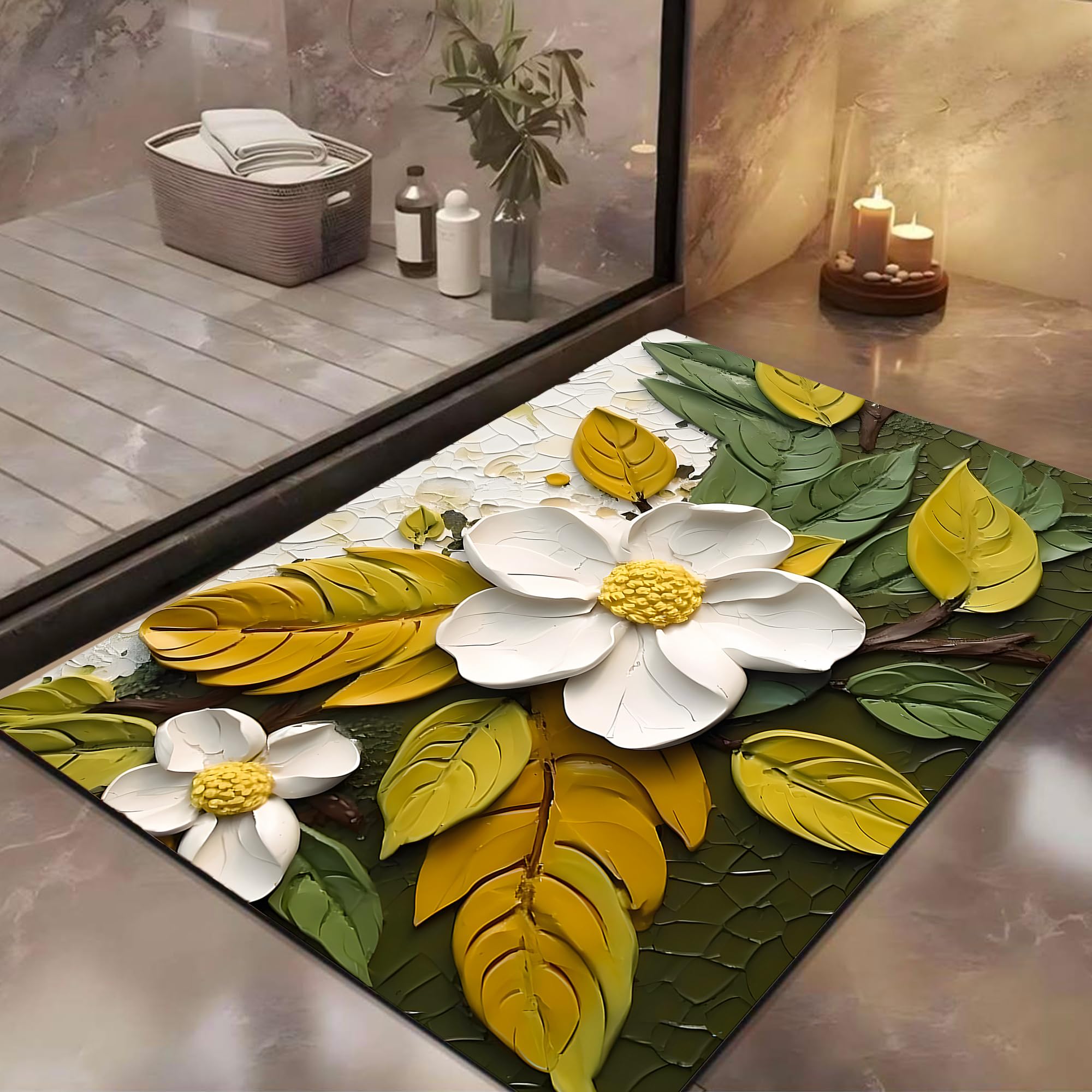 Yellow Weaves 2 Pcs 3D Patterned Anti Slip Water Soaking Floor Mat, Water Absorbent Non Slip Bath Mat, Quick Dry Mat For Bathroo