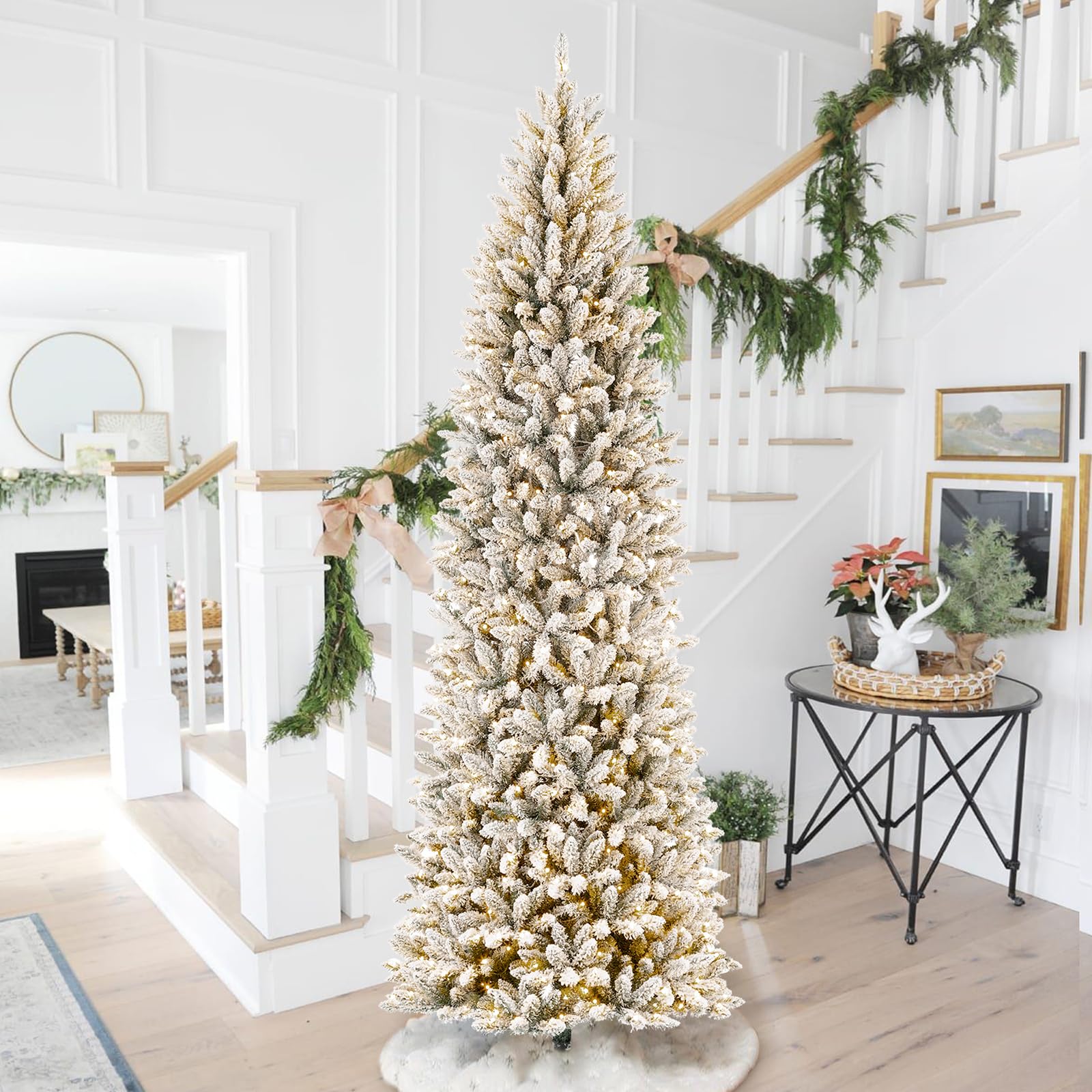 Glitzhome 9ft Pre-Lit Artificial Christmas Tree, Snowy Splendor Fir Hinged Holiday Christmas Tree Flocked Pencil Xmas Tree with 