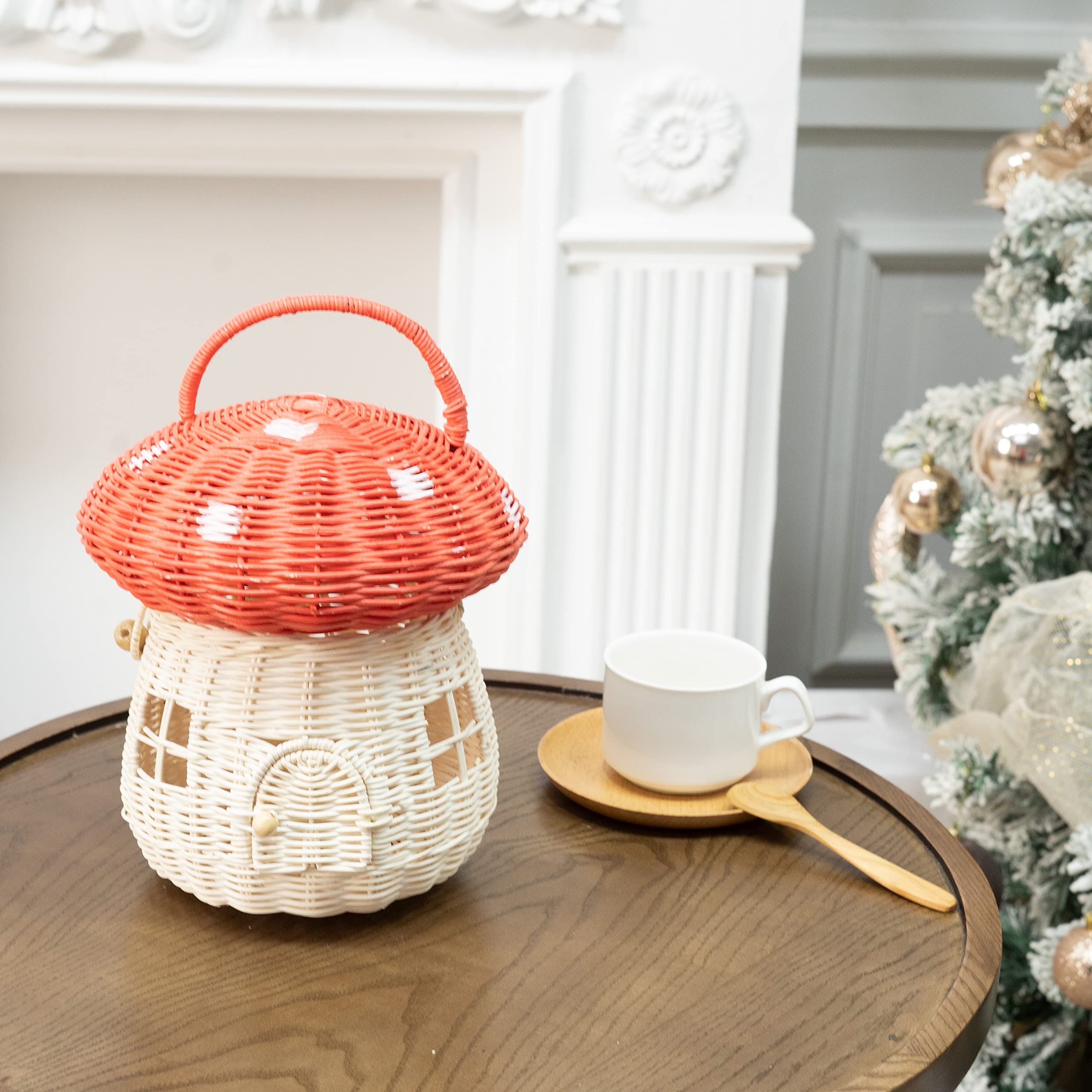 Kolwoven Mushroom Basket- Mushroom Home Decor Box With Lid Shelves- Rattan Mushroom Newborn Photography Props In Tent, Kitchen -