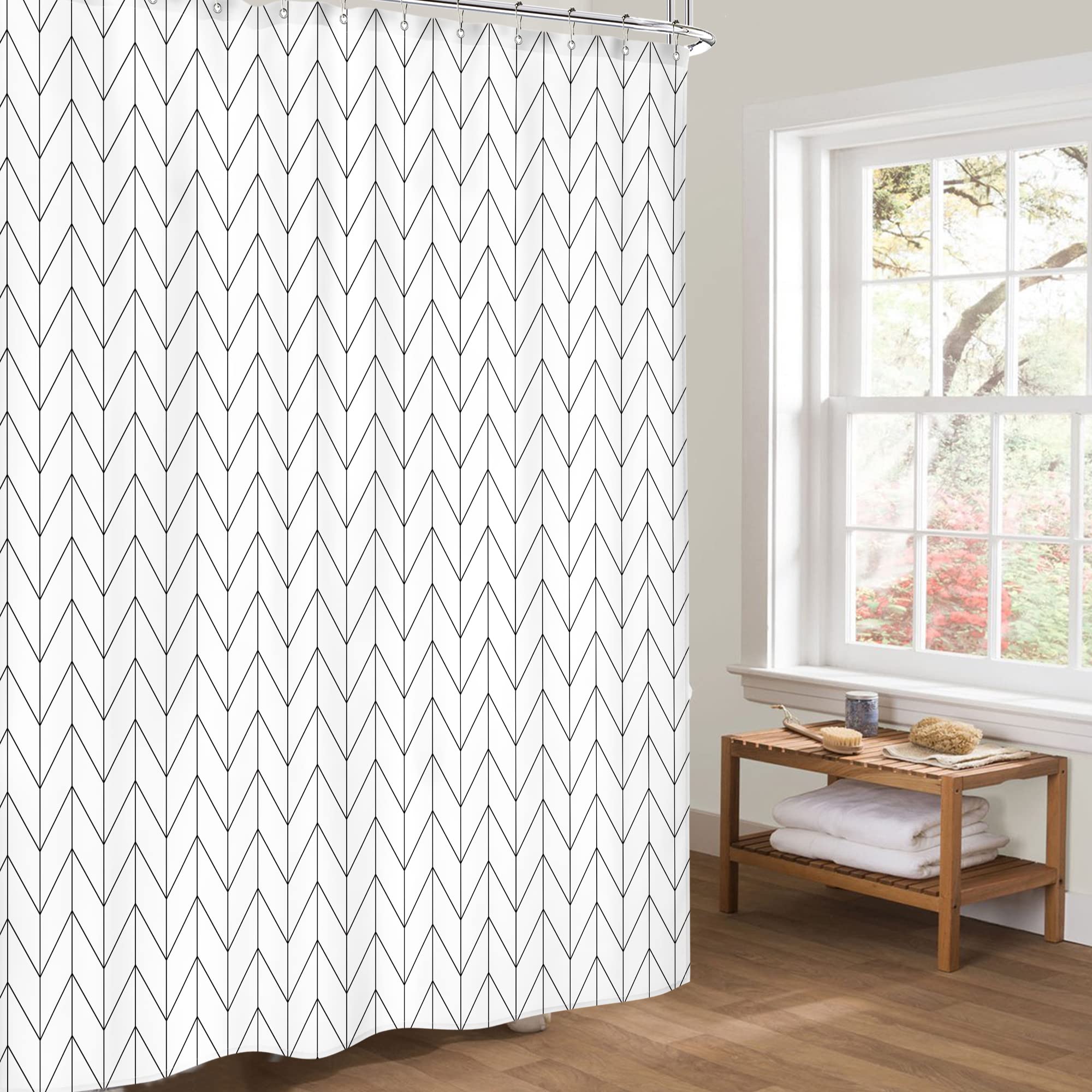 Riyidecor Stall Herringbone Chevron Shower Curtain Black White 72x72 Inch Geometric Striped Simple Modern Classy Neutral Contemporary 12 Pack Hooks Decor Fabric Bathroom Set Polyester Waterproof
