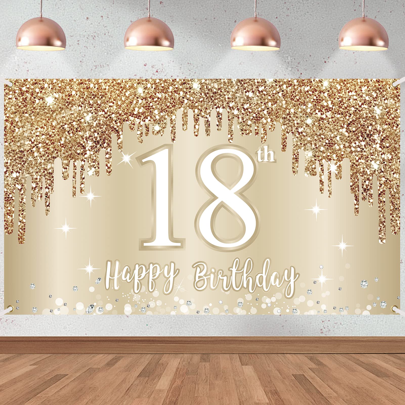 Happy 18Th Birthday Banner Backdrop Decorations For Girls, Gold White Sweet 18 Birthday Sign Party Supplies, Eighteen Year Old B