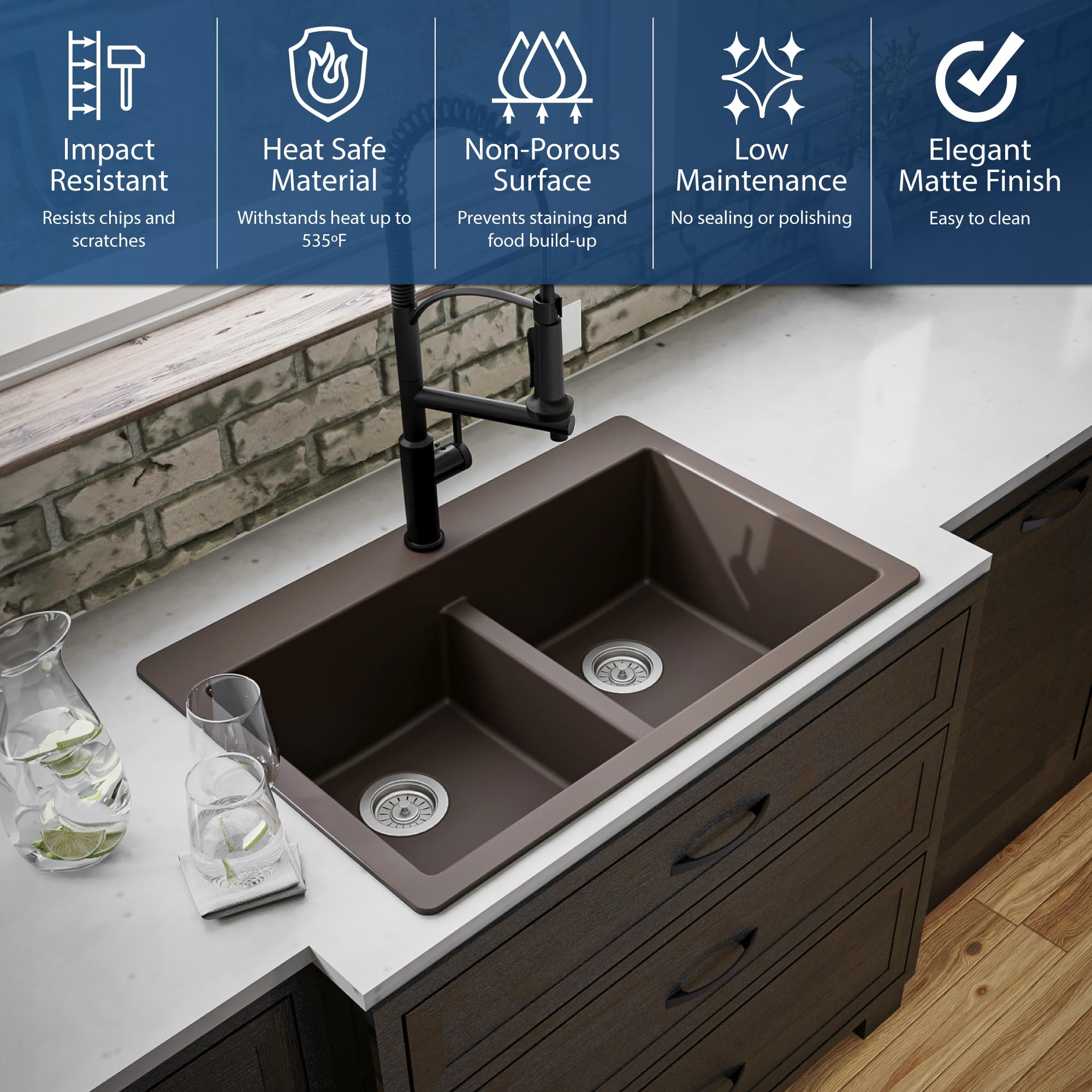 Karran Qt-810 33'' Top Mount Double Equal Bowl Quartz Kitchen Sink In Brown