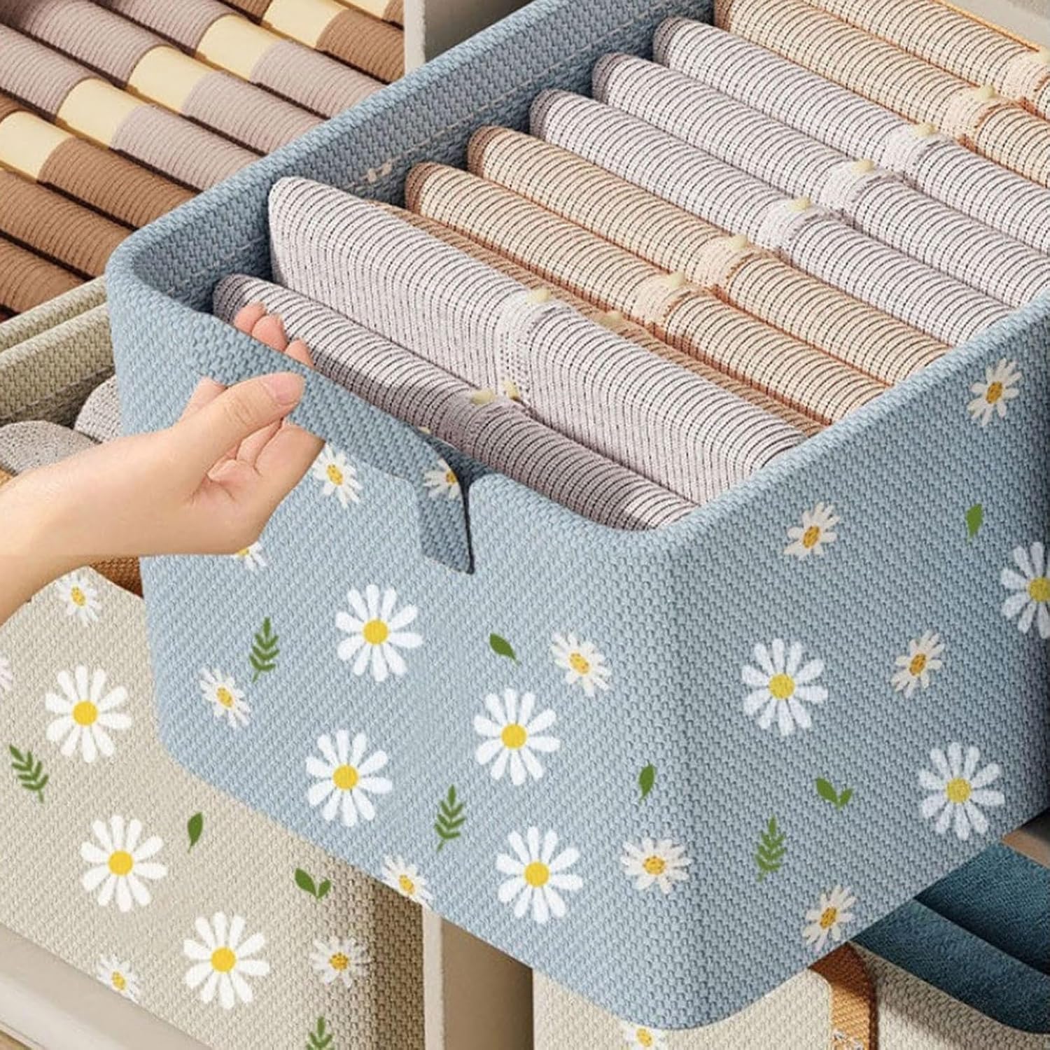 Tmisham Store 26 Lt (Pcs Of 1) Foldable Fabric Wardrobe Organizer Box With Daisy Print  26L Storage Basket With Steel Frame And