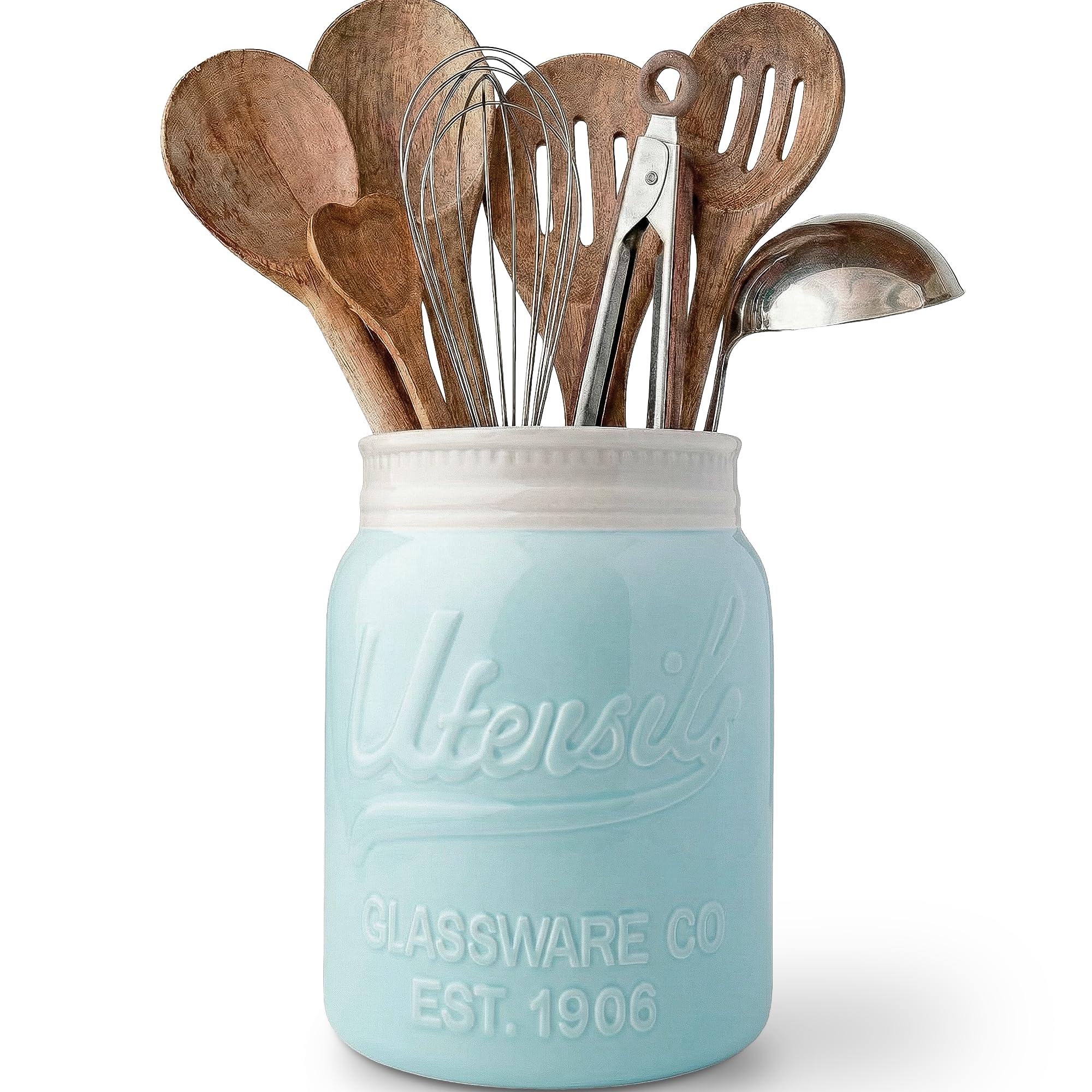 Comfify Wide Mouth Mason Jar Utensil Holder Decorative Kitchenware Organizer Crock, Dishwasher Safe - Kitchen Caddy Aqua Blue fo