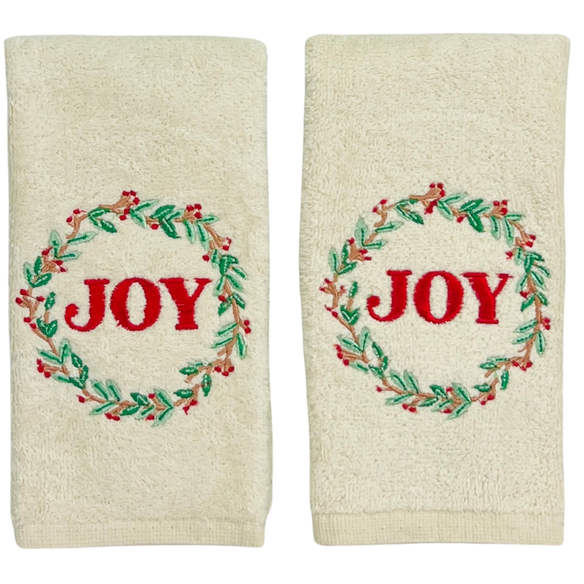 Serafina Home Christmas Fingertip Bath Guest Towels, Embroidered Joy Holly Wreath, 2 Piece Set, 12 X 18 Inches 100% Cotton