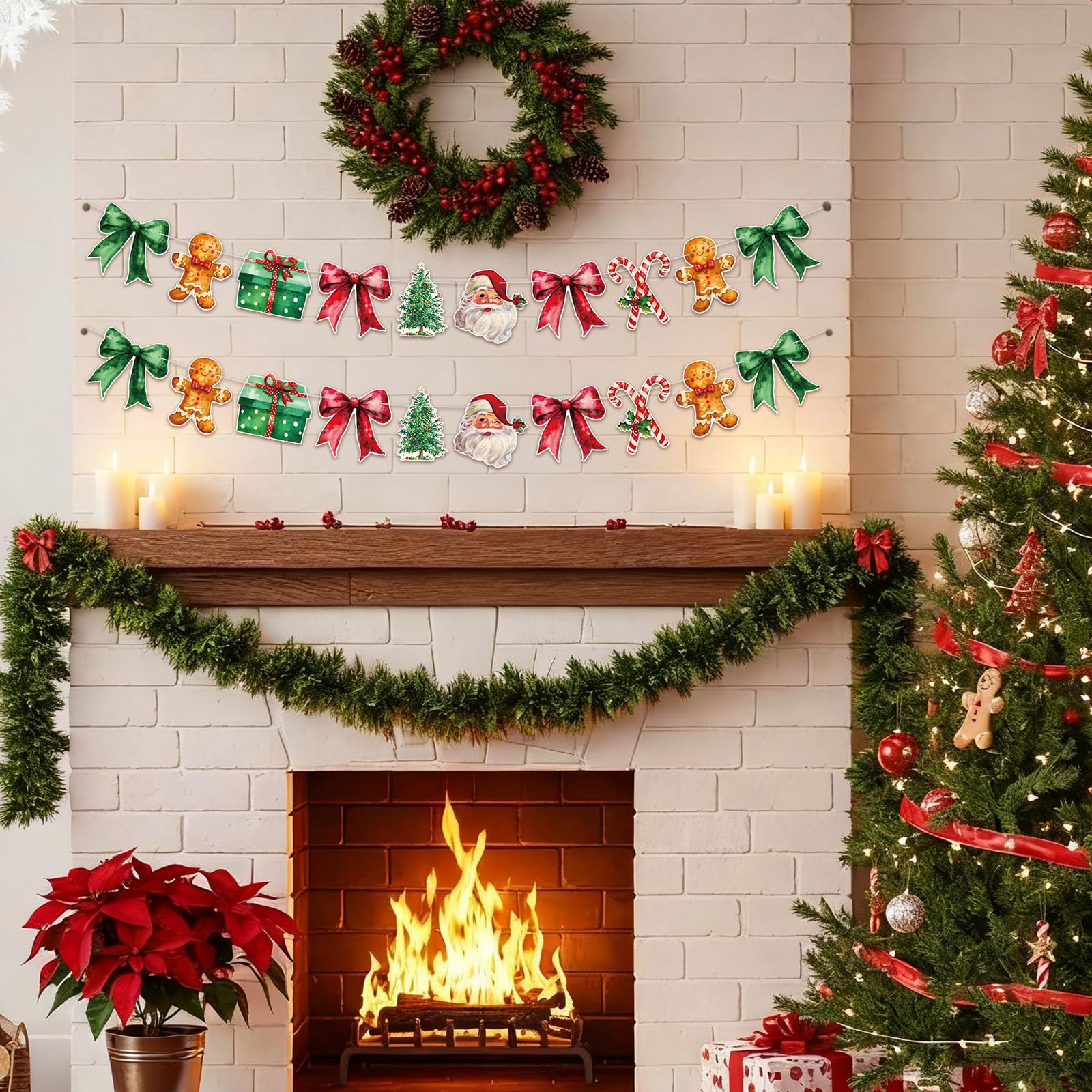 Oudain 2 Pack Christmas Paper Garland 6.56 ft Red Green Christmas Tree Santa Claus Candy Cane Gingerbread Man Bow Hanging Buntin