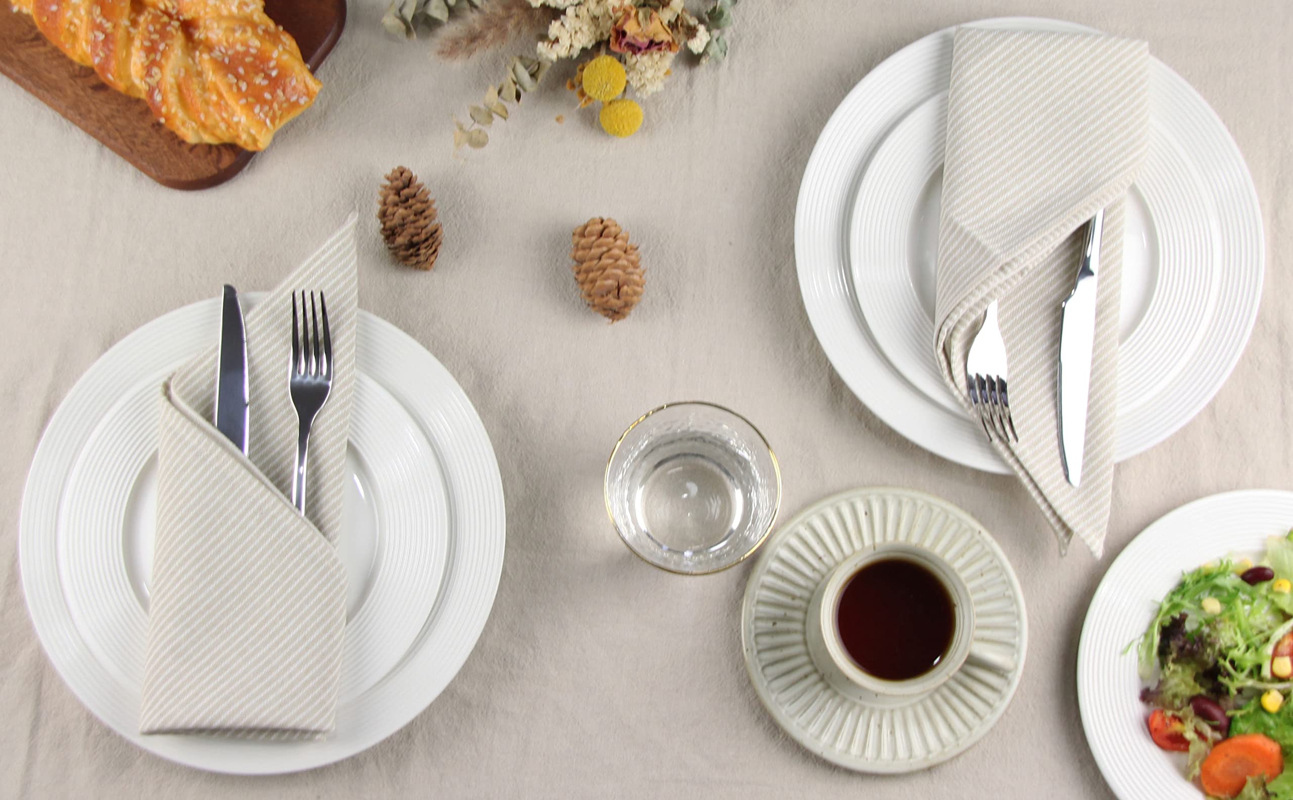 Infei Narrow Striped Cotton Linen Blended Dinner Cloth Napkins - Set Of 12 (40 X 40 Cm) - For Events & Home Use (Beige)