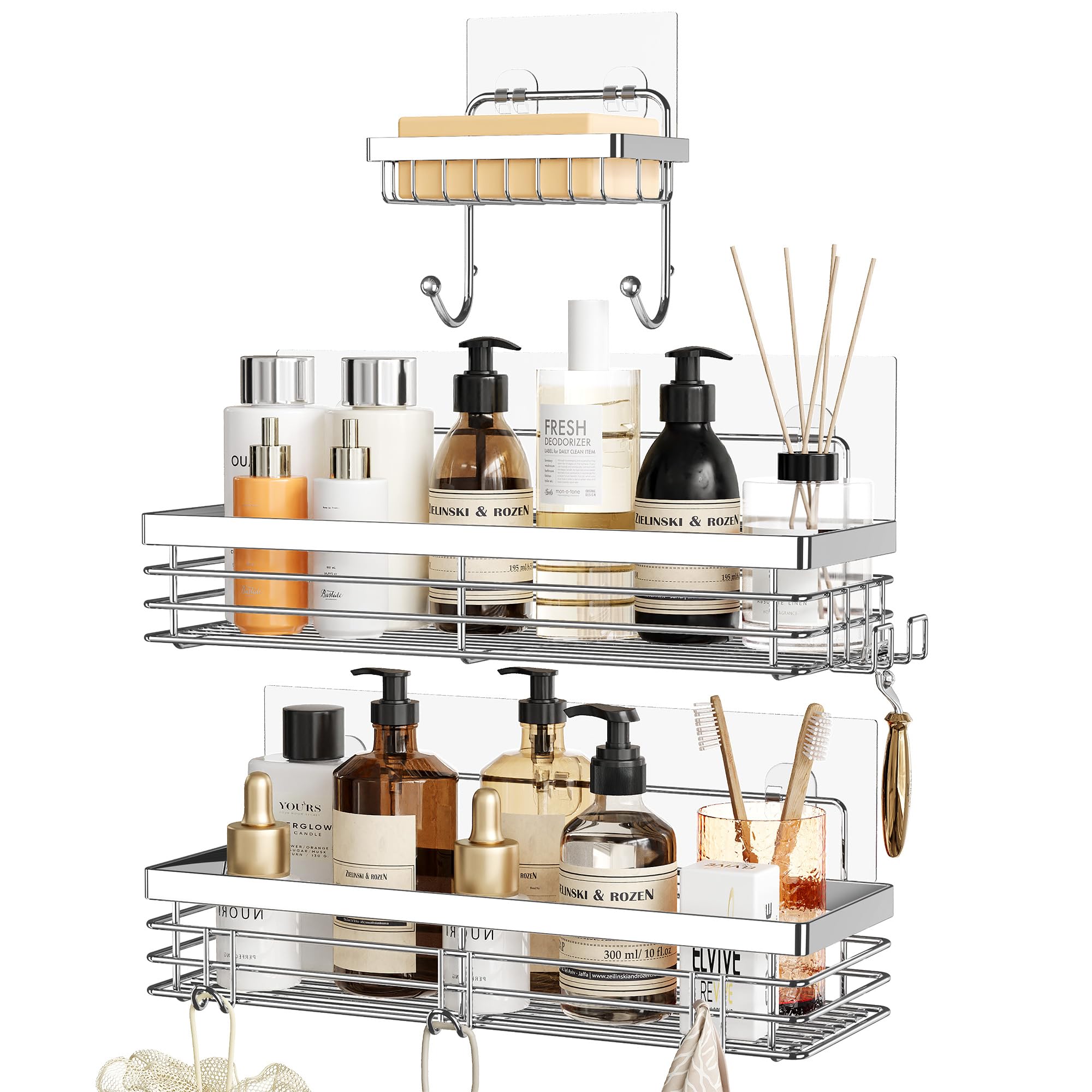 Orimade Adhesive Shower Caddy Soap Dish Holder Shelf with 5 Hooks Bathroom Organizer Basket Kitchen Storage Rack Wall Mounted No Drilling Stainless Steel - 3 Pack Silver