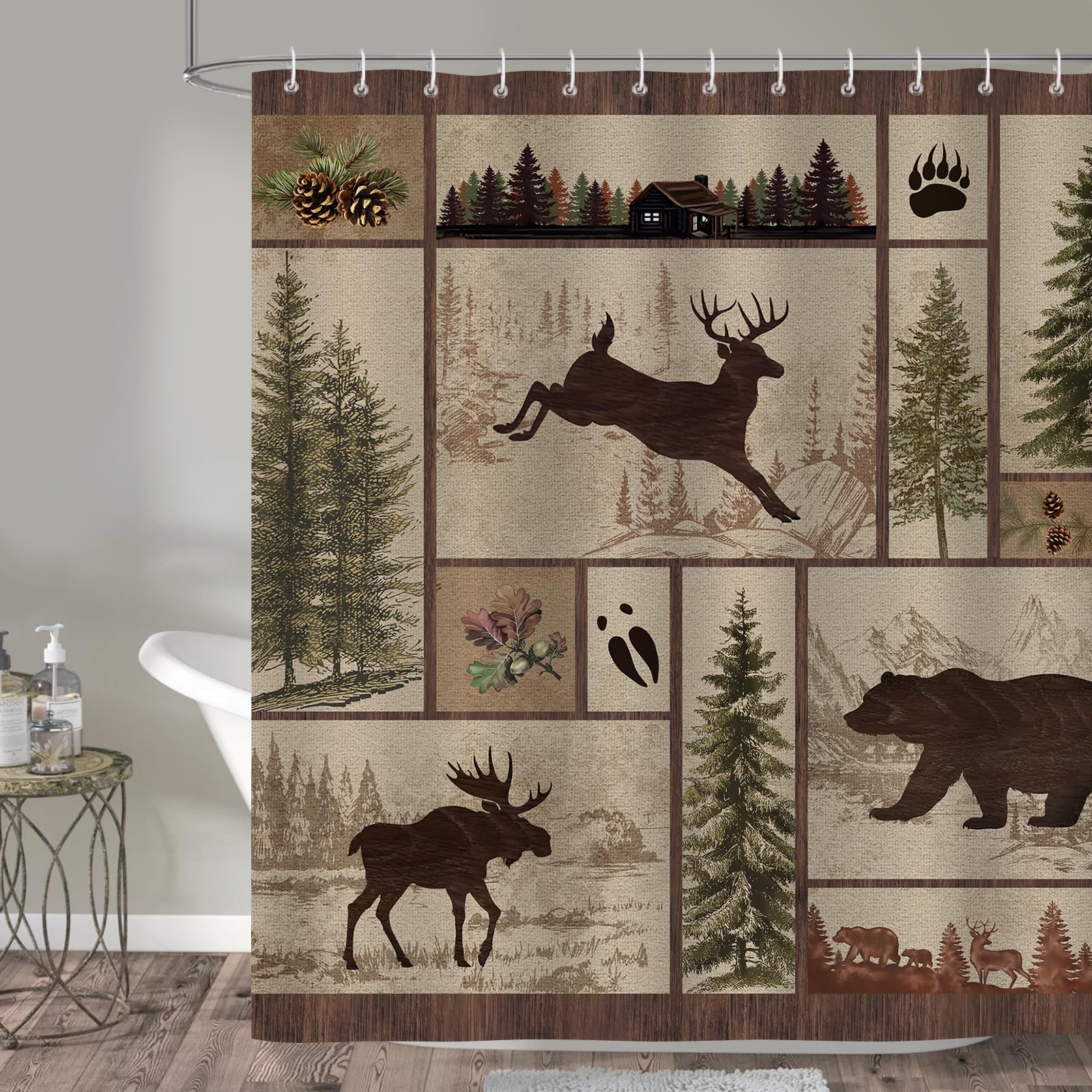 Bonhause Rustic Cabin Shower Curtain, Vintage Country Bear Deer Moose Forest Woodland Farmhouse Bathroom Curtain 72X72 Inch Poly