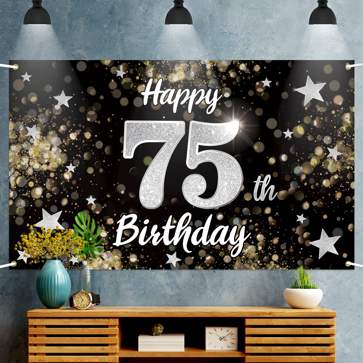 Nelbiirth Happy 75Th Birthday Decorations,75Th Black & Silver Dream Star Large Birthday Banner Backdrop Sign - Cheers To 75 Year