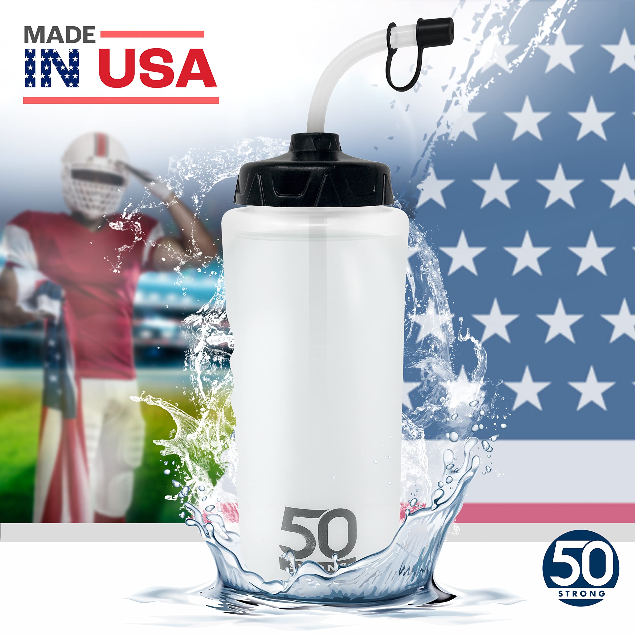 1 Liter Water Bottle with Straw  Hockey Water Bottle with Long Straw  Easy Squeeze Bottles + Built In Finger Grip  BPA-Free Sports Water Bottle for Football  Lacrosse & Boxing  Made in USA