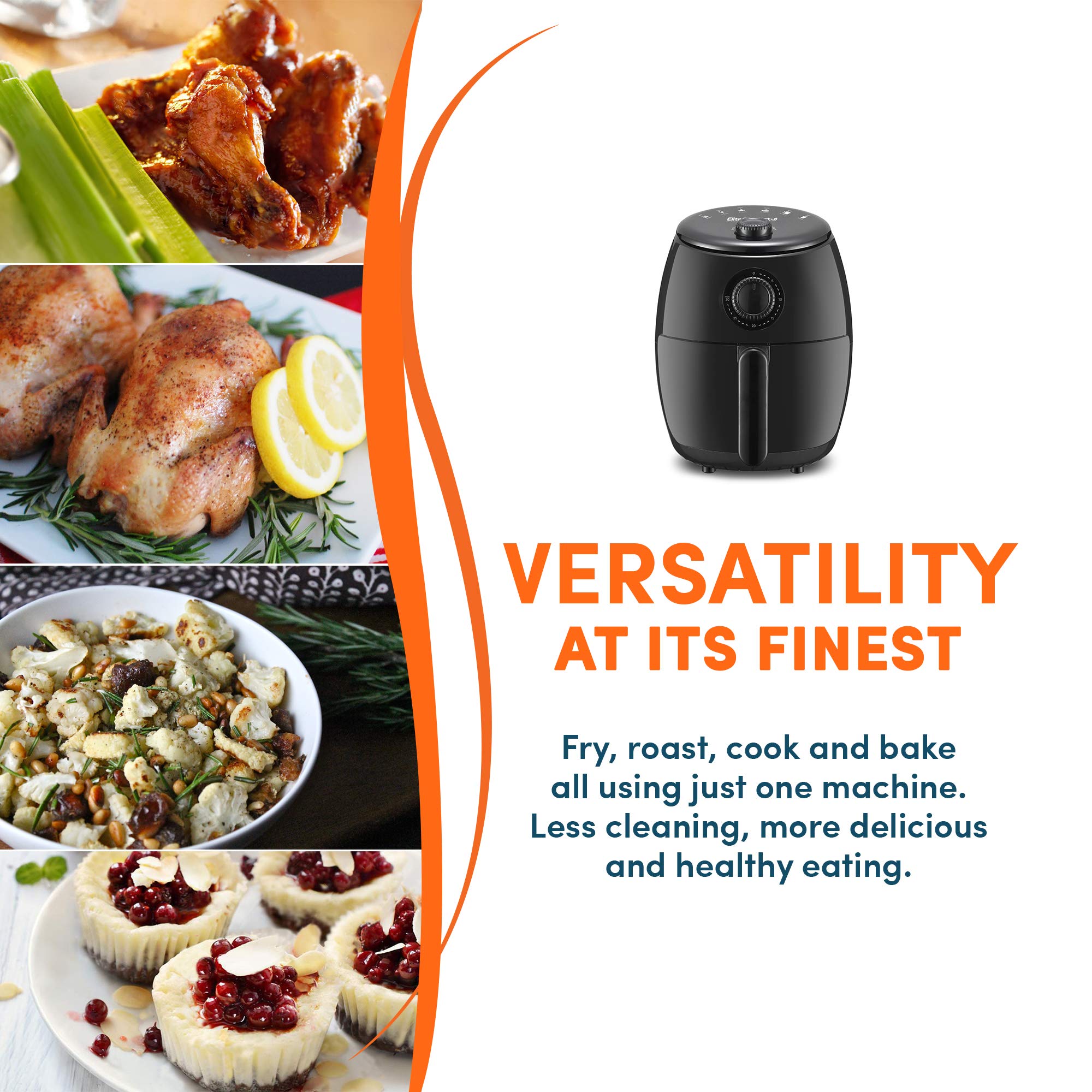 Elite Gourmet EAF0201X Compact Electric Hot Air Fryer, 2.1 Quart, Black, Oil-Less Cooker with Timer & Temperature Controls