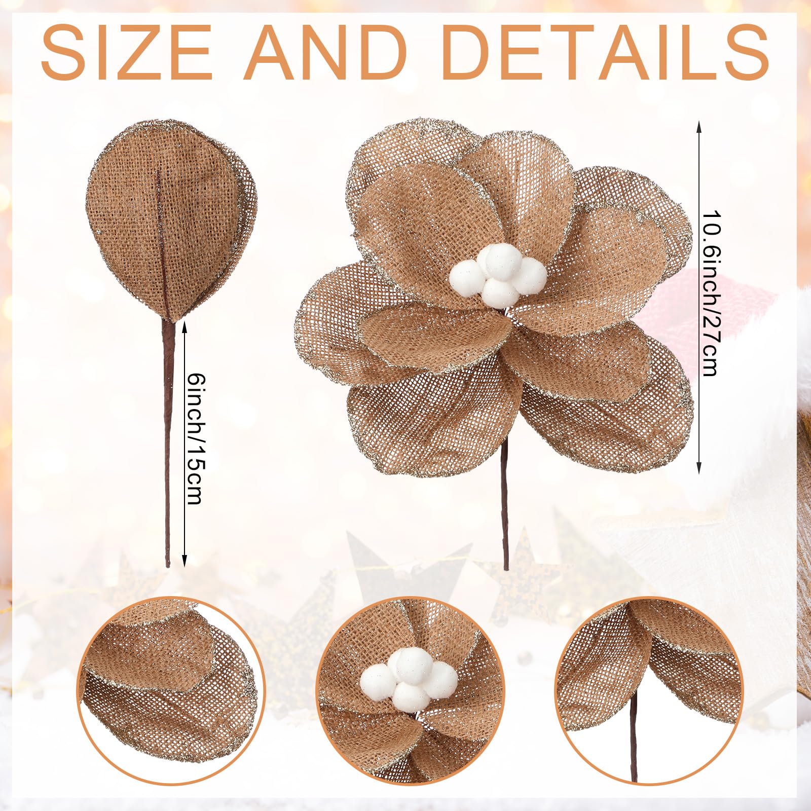 Soulchen 12 Pcs 12 Burlap Magnolia Christmas Poinsettia Flowers with Stems Artificial Rustic Magnolia Tree Ornaments Natural F