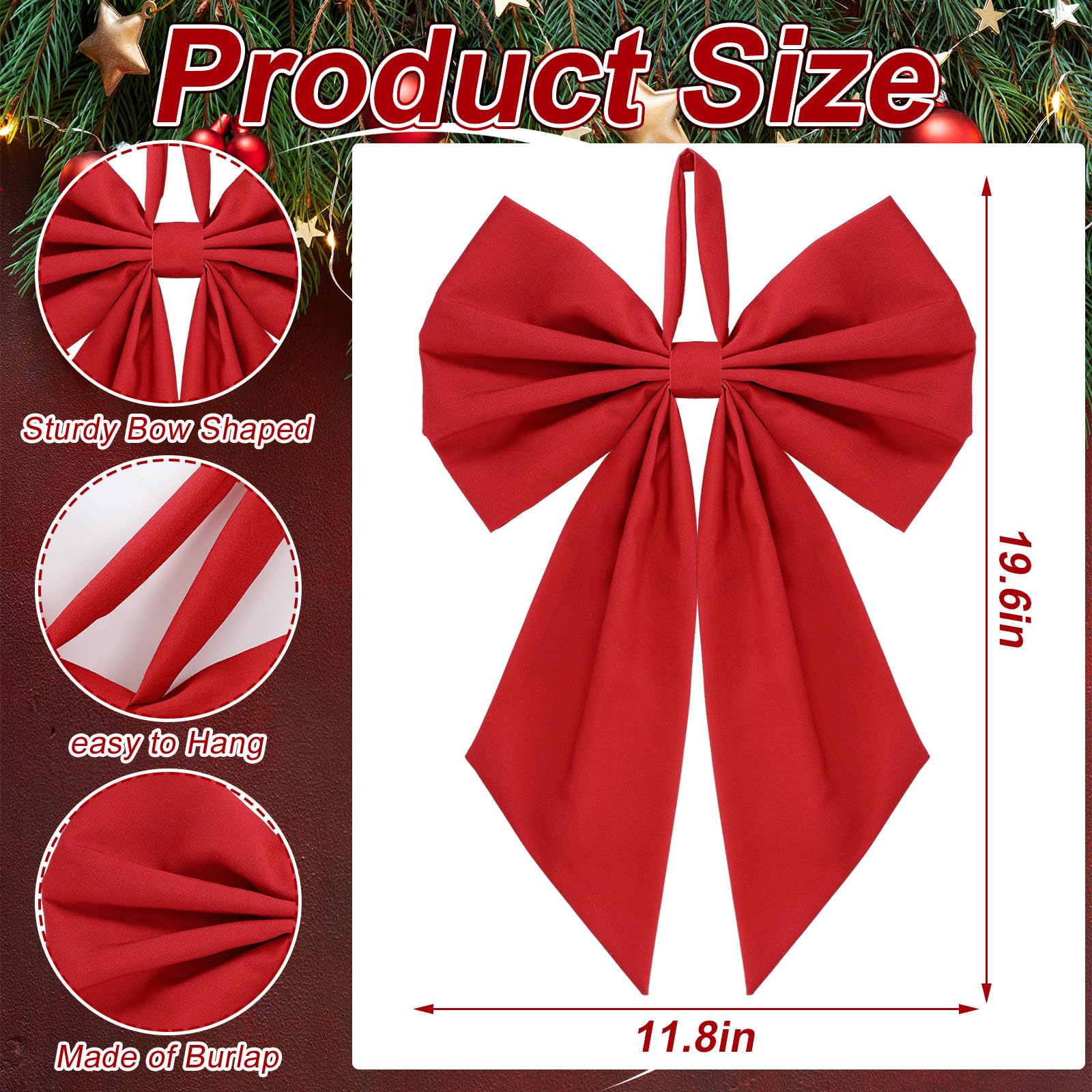 Suncalla 2 Pcs Red Christmas Wreath Bow 19.6 x 11.8 Large Burlap Wreath Sash Christmas Tree Topper Ornament Bow for Front Do