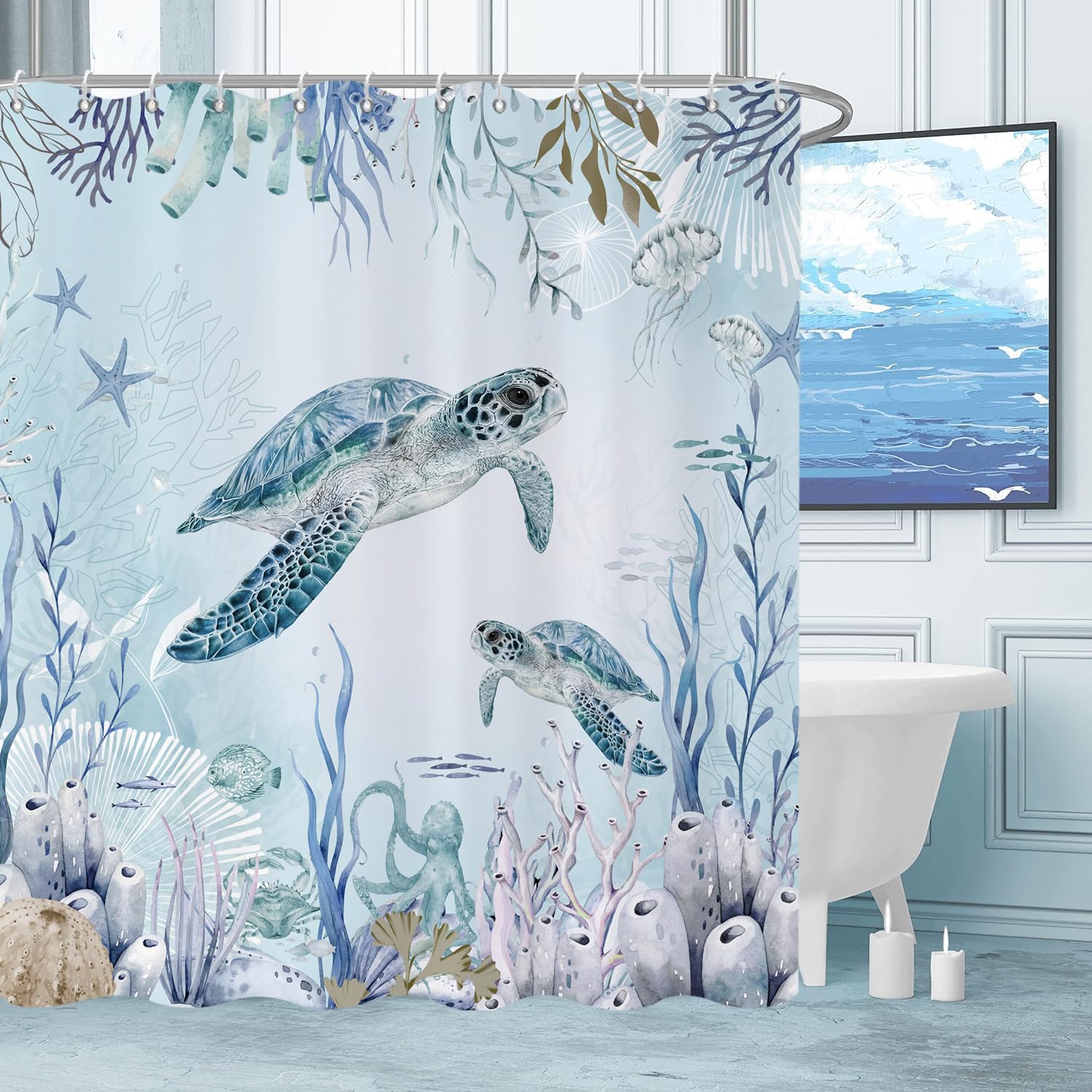 Caheansi Sea Turtle Shower Curtain, Teal Blue Ocean Beach Coastal Turtle Starfish Jellyfish Underwater Creatures Bathroom Curtai